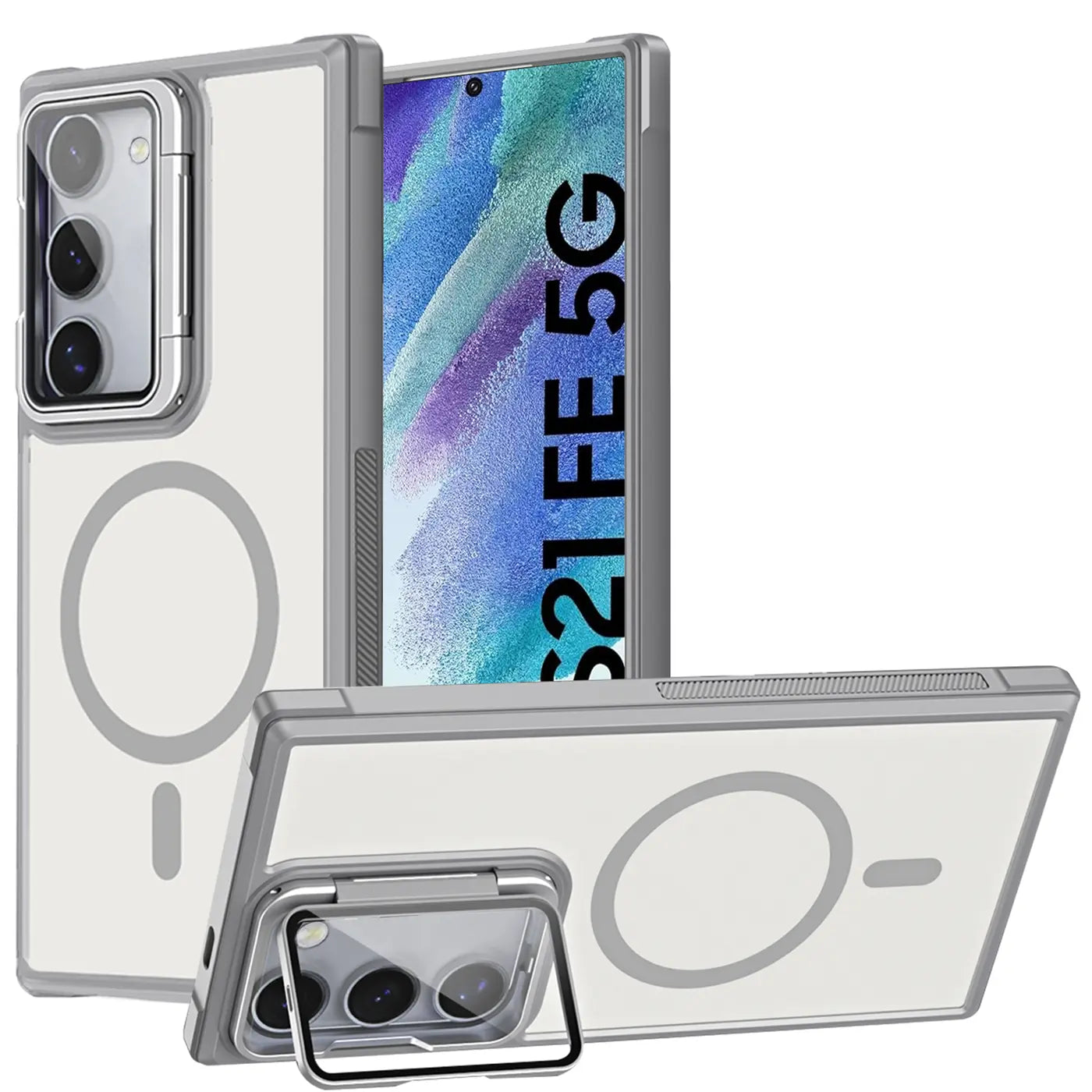 Samsung S21 FE Hülle, transparent, grau, MagSafe, Ständer, Kamera-Glas