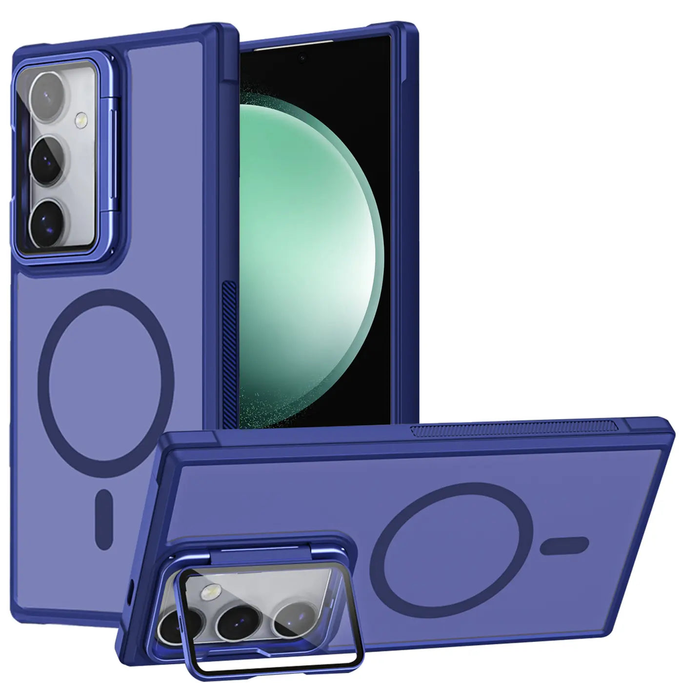 Blaue MagSafe Hülle mit Ständer für Samsung S23 FE, Rückansicht, transparentes Material