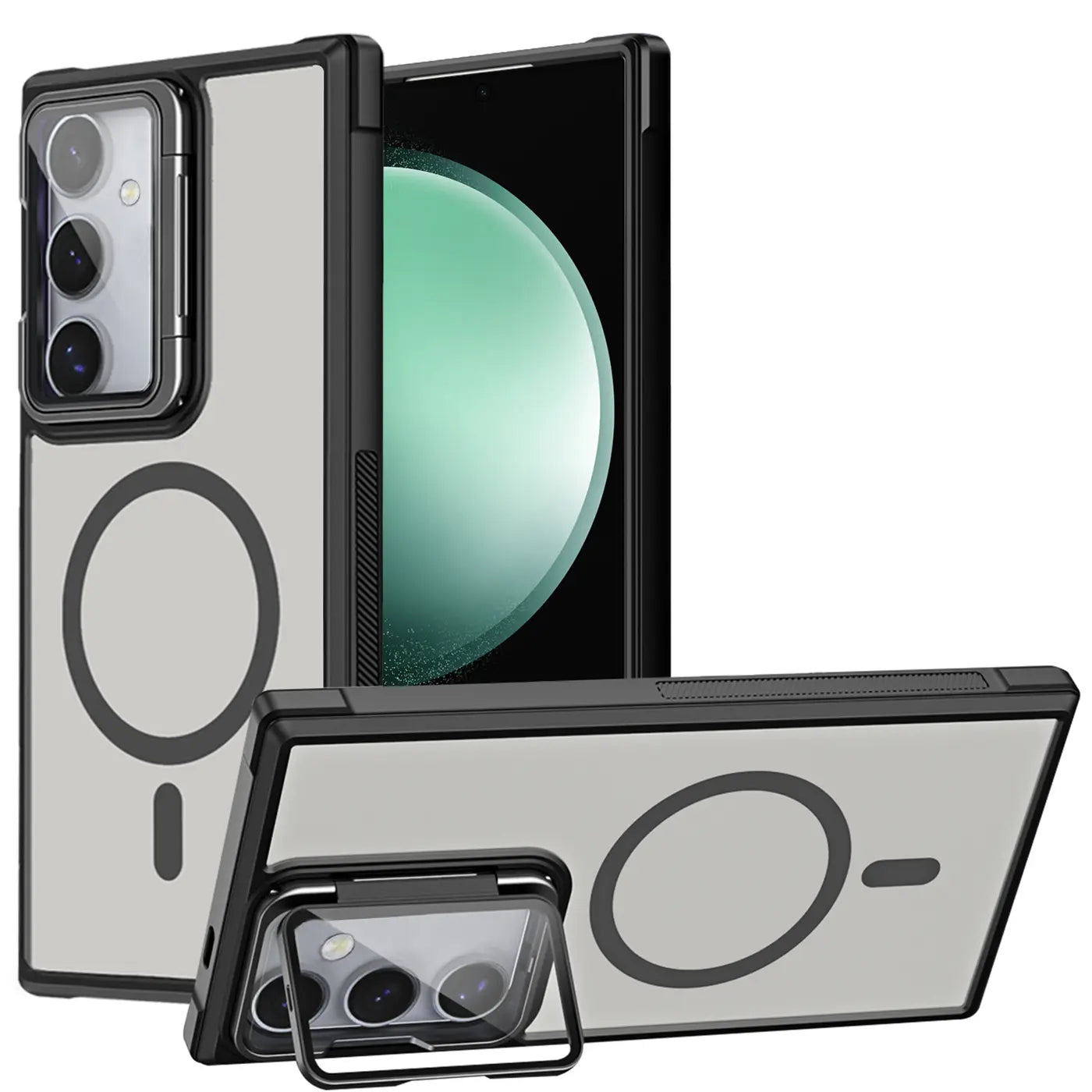 Transparente Hülle mit MagSafe, Ständer, Kamera-Glas für Samsung S23 FE, von vorne/seitlich