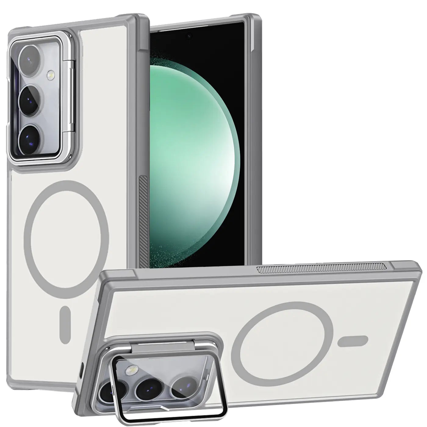 Transparente Hülle mit MagSafe, Ständer, Kamera-Glas für Samsung S23 FE, grau/klar