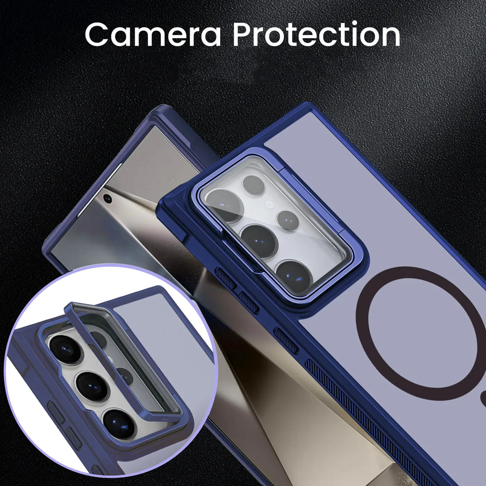 Dunkelblaue Hülle mit Kamera-Schutzglas für Samsung S23 Ultra, Nahaufnahme