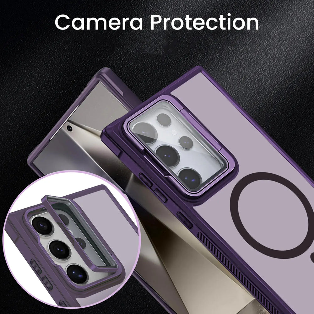 Lila Hülle mit MagSafe für Samsung S23 Ultra, Nahaufnahme der Kamera, von oben rechts