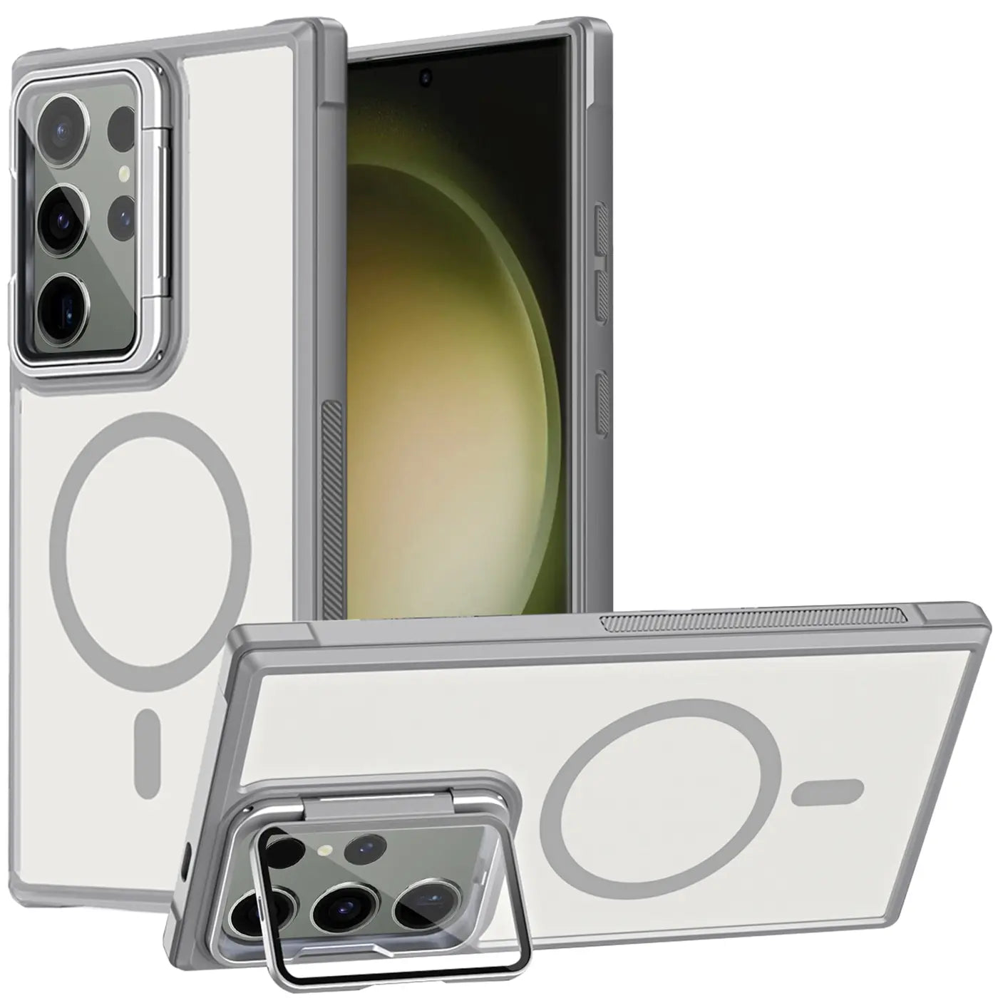 Samsung S23 Ultra Hülle, transparent/grau, MagSafe, Ständer, Kamera-Glas