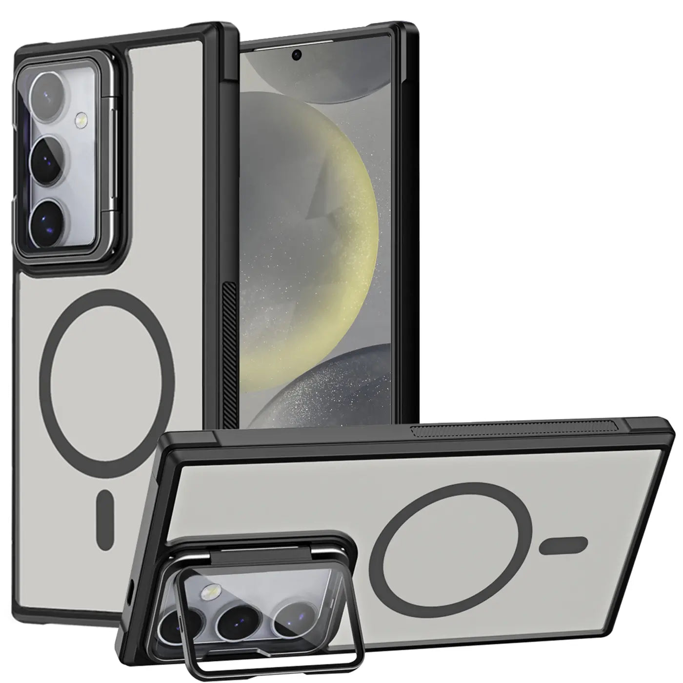 Samsung S24 Hülle, transparent/schwarz, MagSafe, Ständer, Kamera-Glas