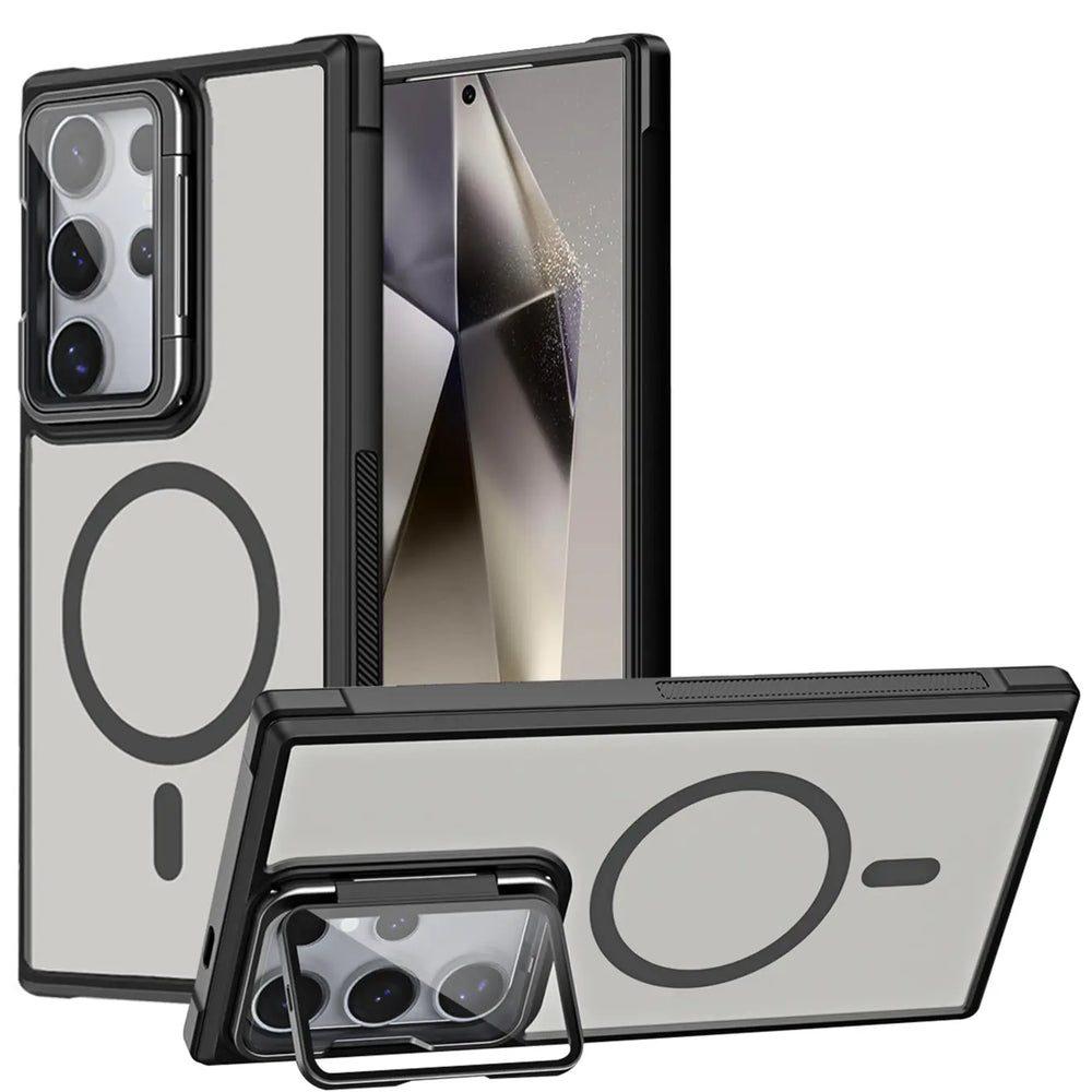 Transparente Hülle mit schwarzem Rahmen, MagSafe, Ständer, Samsung S24 Ultra, verschiedene Winkel.