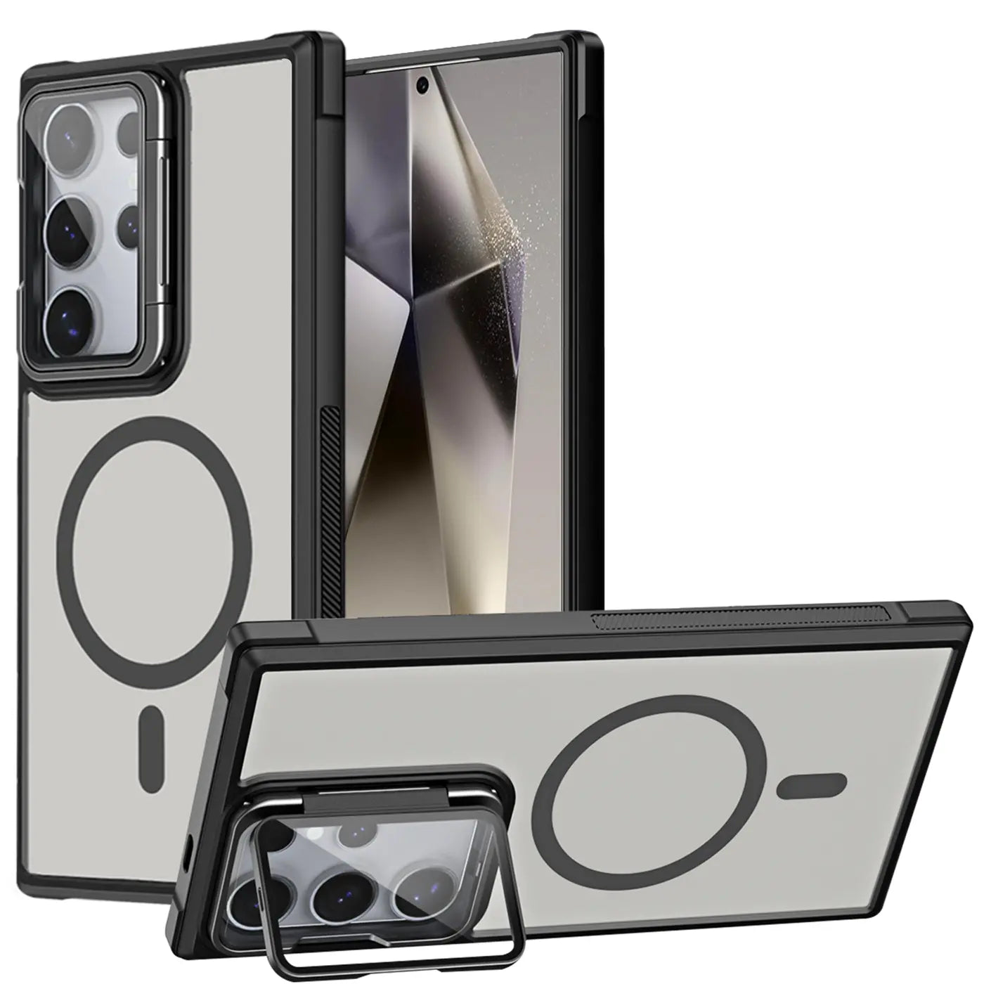 Transparente Hülle mit schwarzem Rahmen, MagSafe, Ständer, Samsung S24 Ultra, verschiedene Winkel.