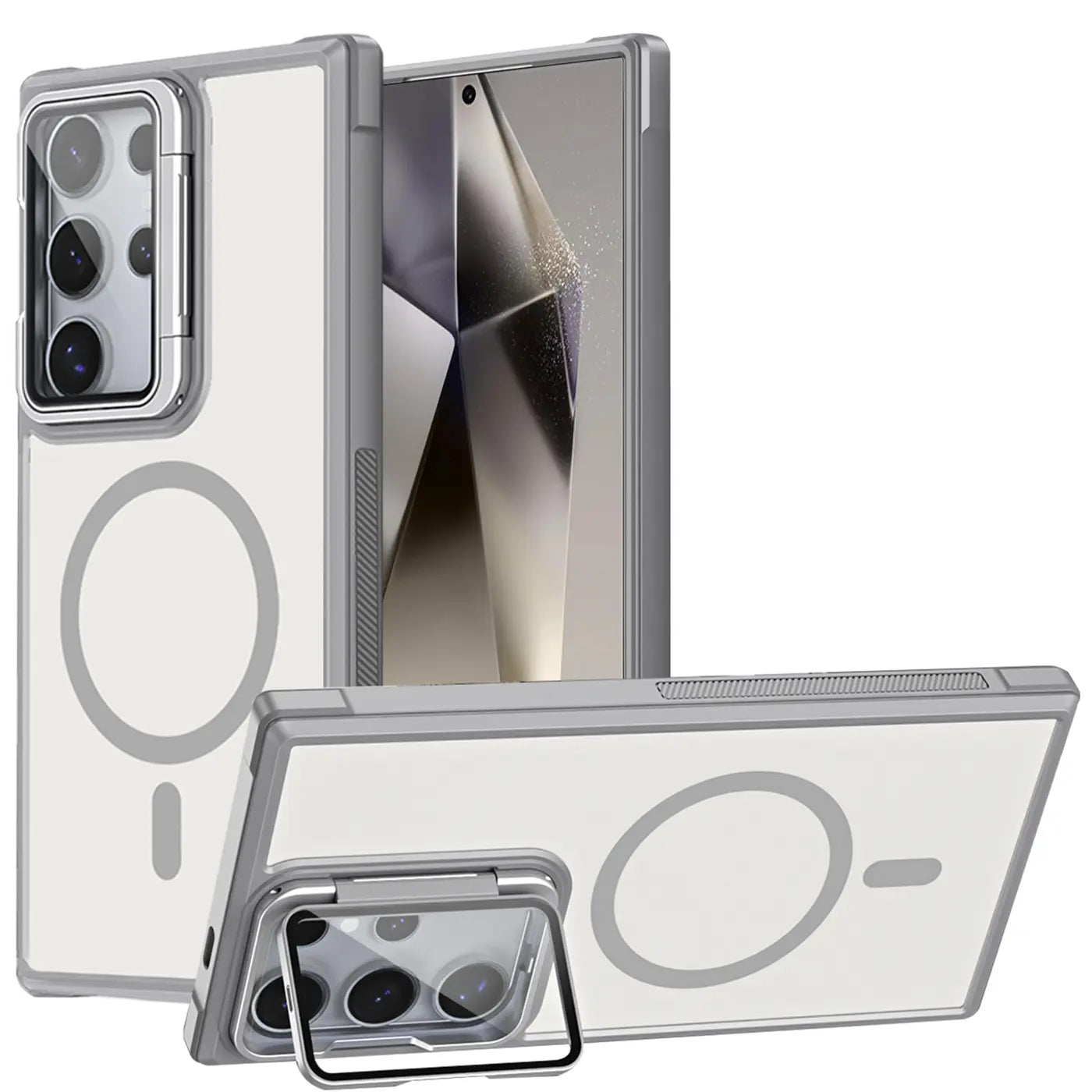 Graue Hülle für Samsung S24 Ultra, transparent, mit MagSafe, Ständer, von vorne/seitlich