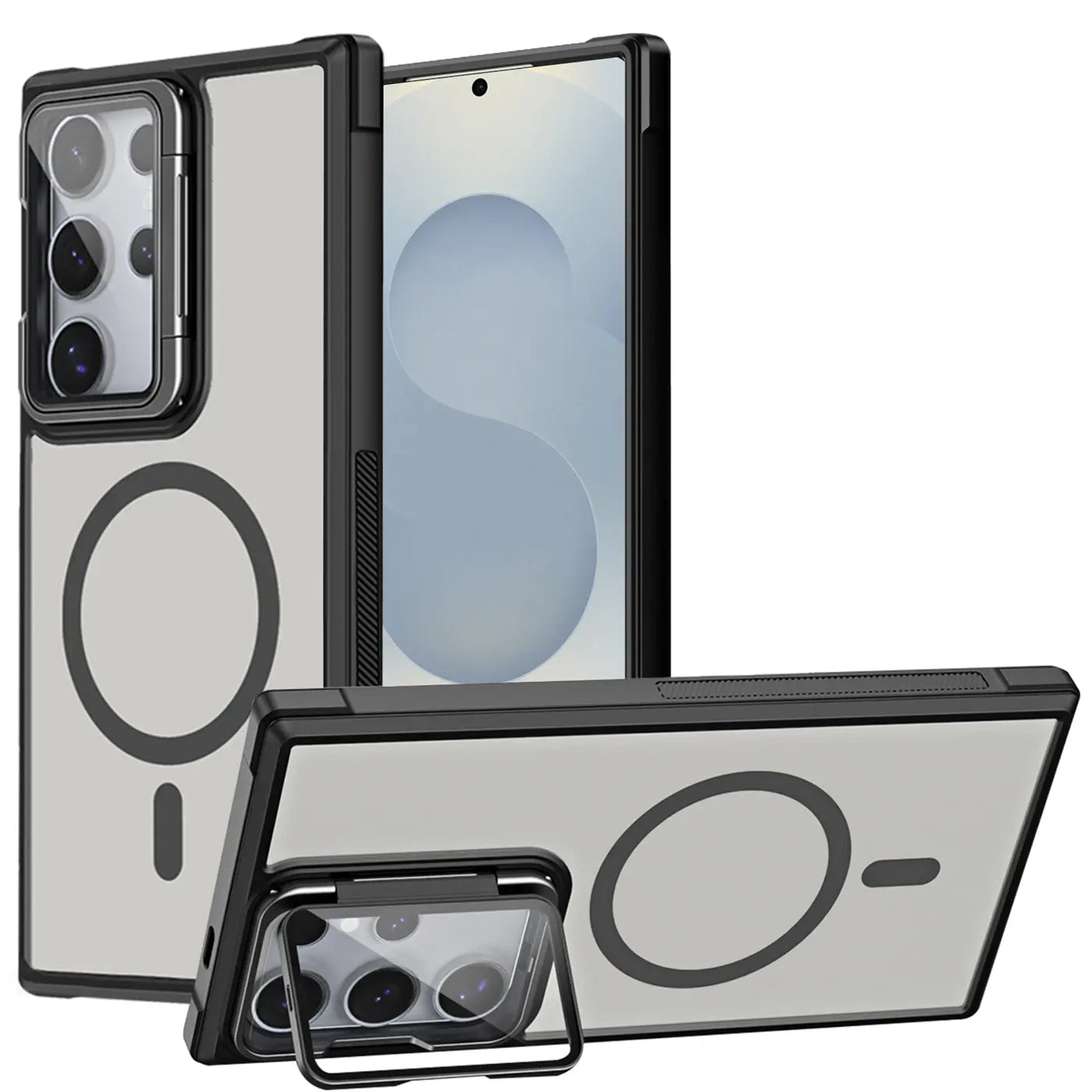 Transparente Hülle mit MagSafe, Ständer, Kamera-Glas für Samsung S25 Ultra. Schwarz/Grau.