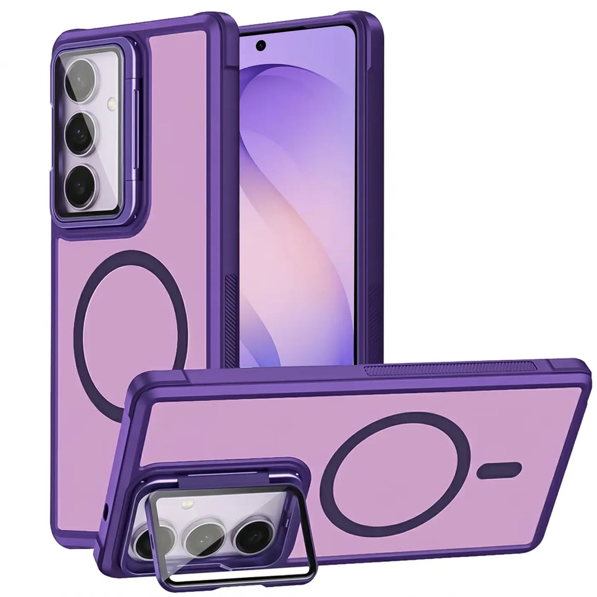 Lila MagSafe Hülle aus Kunststoff mit integriertem Ständer für Samsung Galaxy S26 Plus.