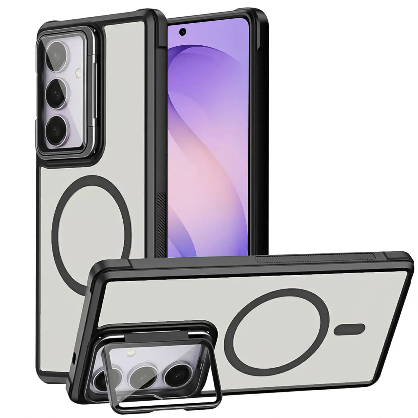 Transparente Hülle mit schwarzem Rahmen für Samsung S26 Plus, MagSafe, Ständer.