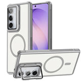 Transparente Hülle mit grauen Rändern, MagSafe-Ring, Ständer, Samsung S26 Plus.
