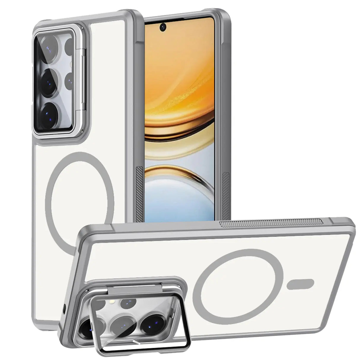 Transparente Hülle mit silbernem Rahmen für Samsung S26 Ultra, MagSafe, Ständer