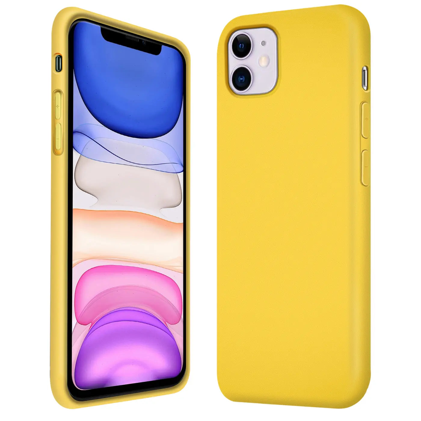 Gelbe Silikonhülle mit Mikrofaser-Innenfutter für iPhone 11, Seitenansicht und Rückansicht.