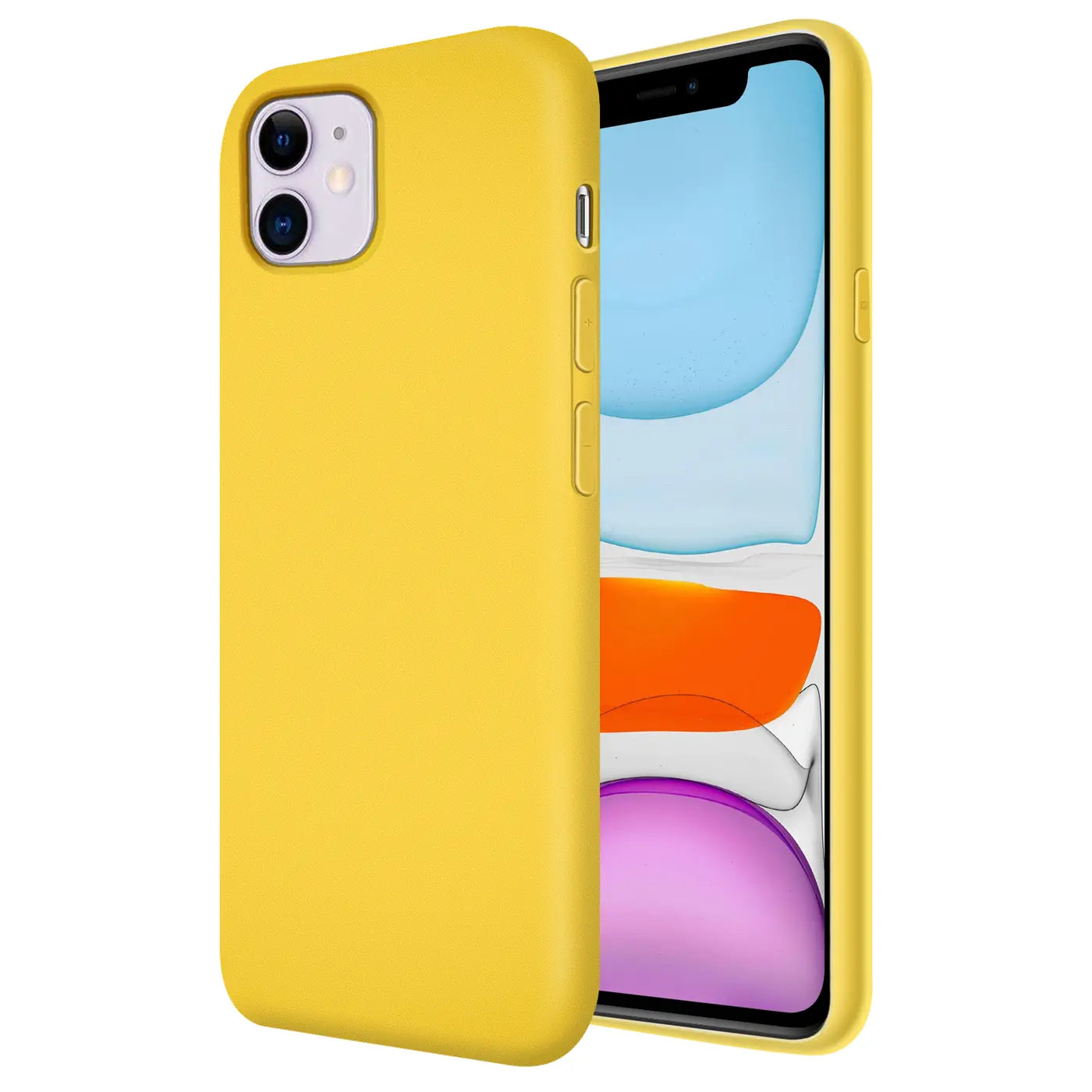 Gelbe Silikonhülle für iPhone 11, von vorne links, mit Mikrofaser-Innenfutter.
