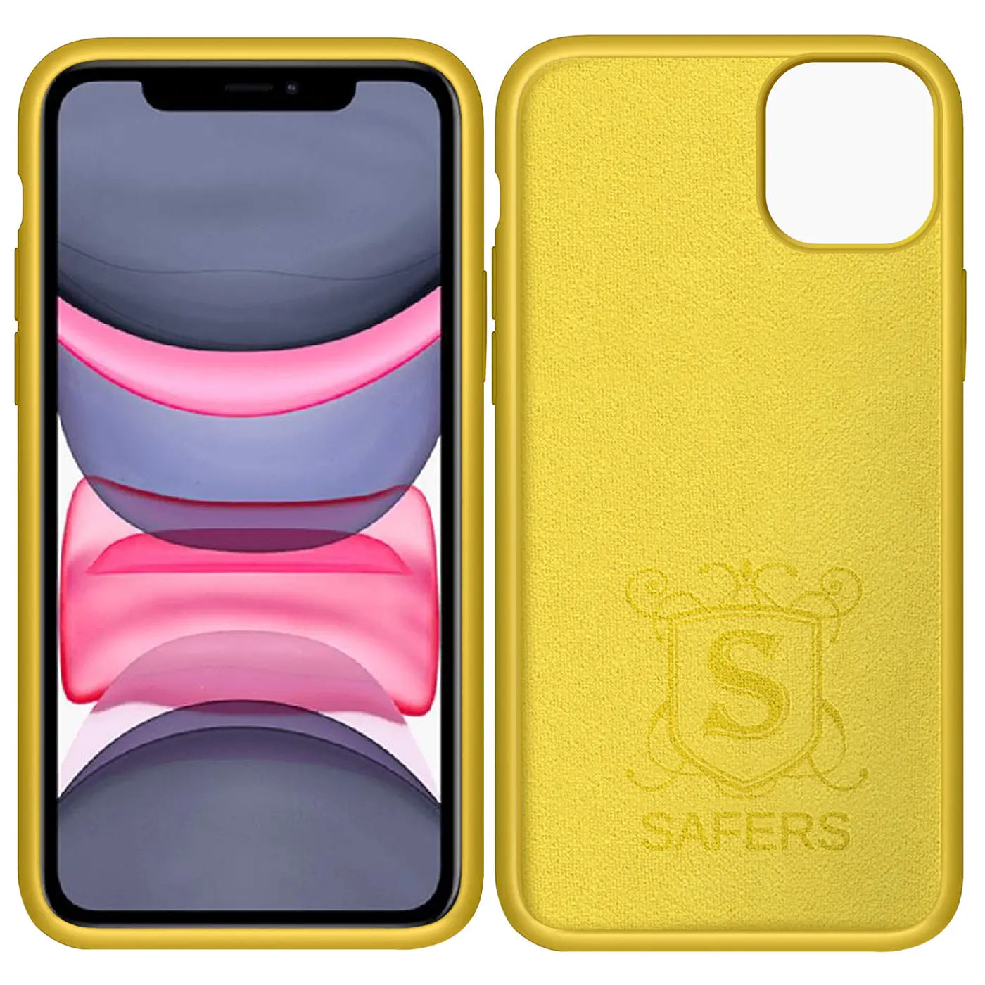 Gelbe Silikonhülle für iPhone 11, Vorder- und Rückansicht, mit Mikrofaser-Innenfutter.