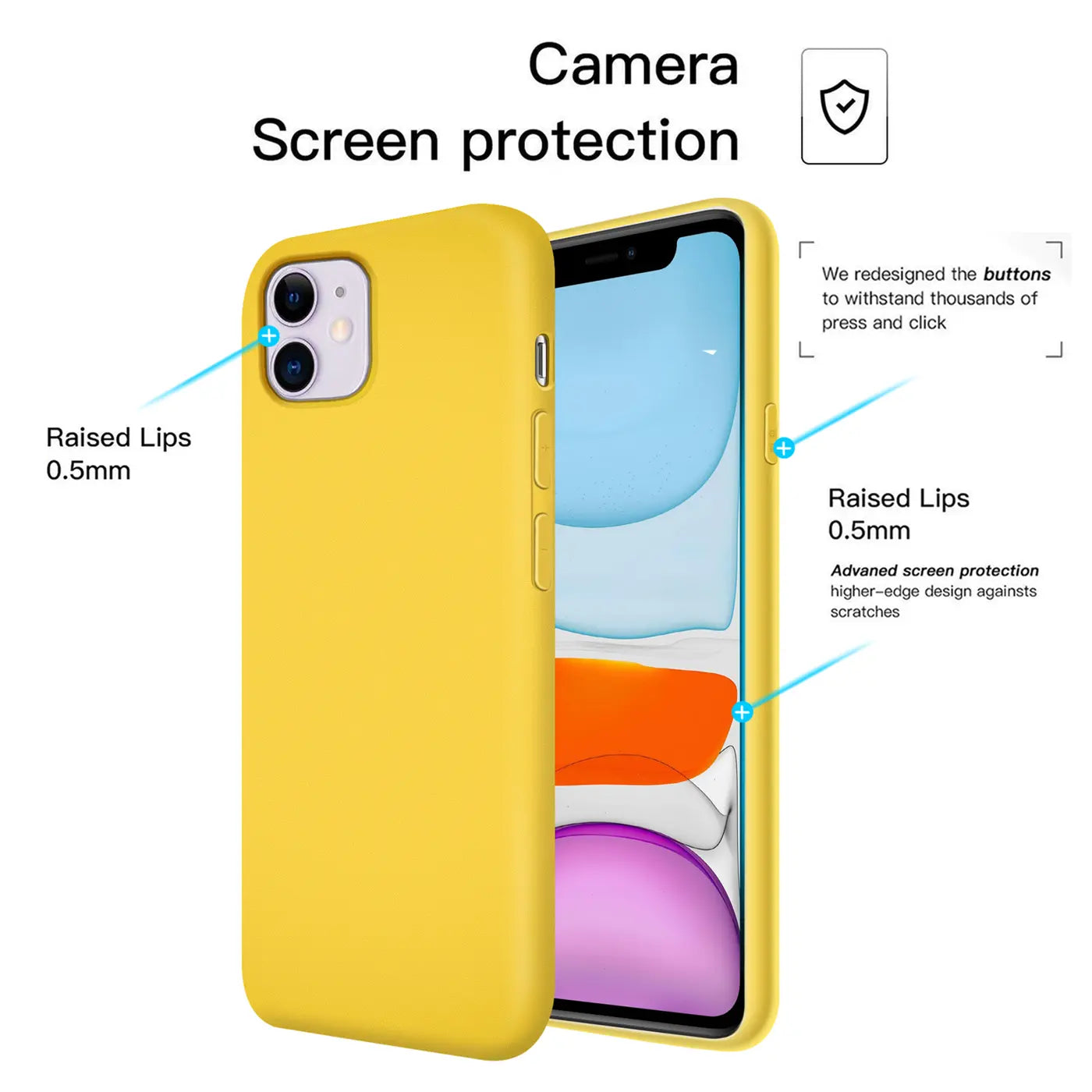 Gelbe Silikonhülle für iPhone 11, von vorne links, mit Mikrofaser-Innenfutter.