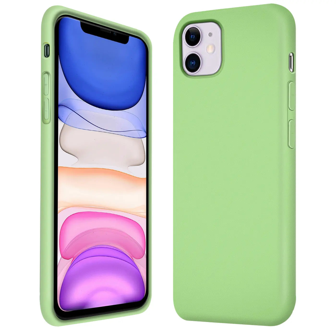 Grüne Silikonhülle für iPhone 11, von vorne und hinten gezeigt.
