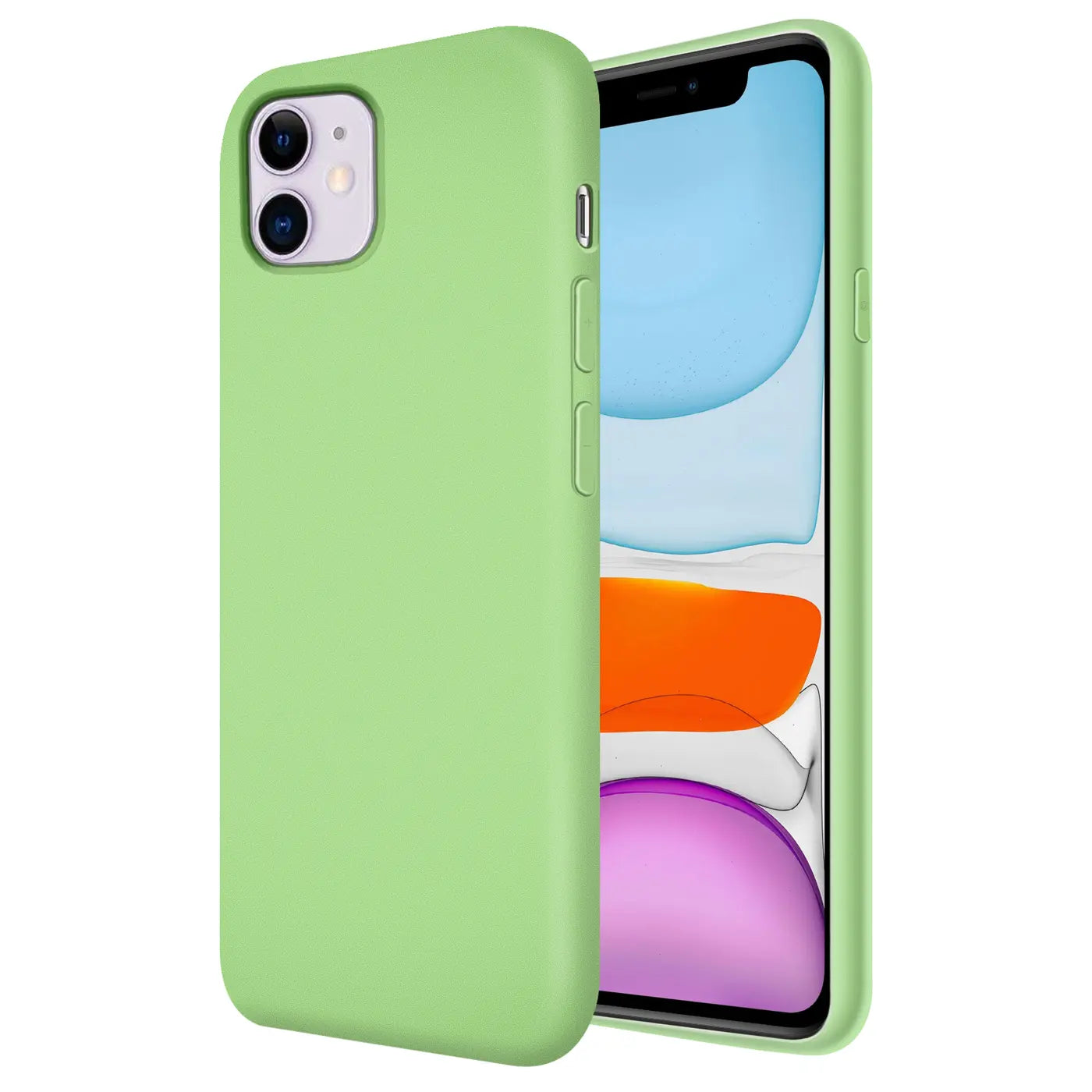 Grüne Silikonhülle für iPhone 11, von vorne links, mit Mikrofaser-Innenfutter.