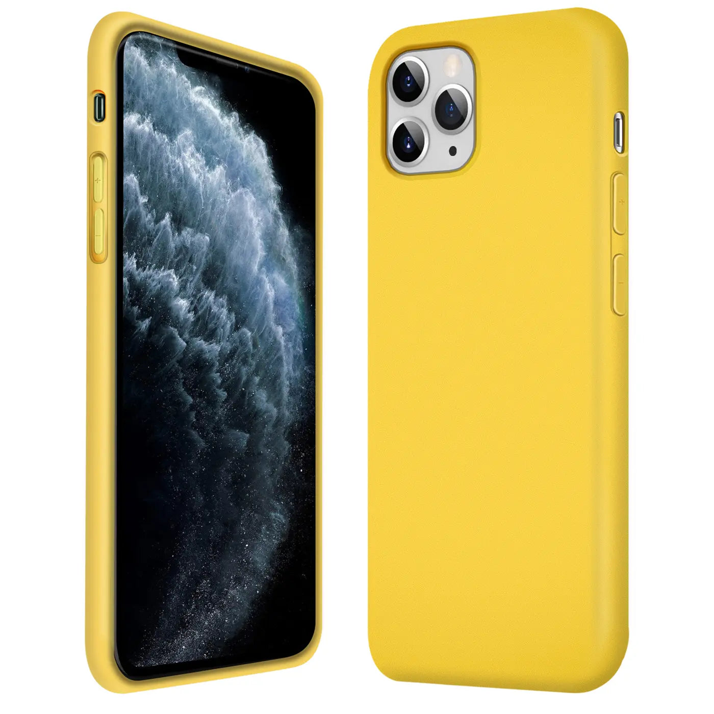 Gelbe Silikonhülle für iPhone 11 Pro Max, Seitenansicht und Rückansicht.