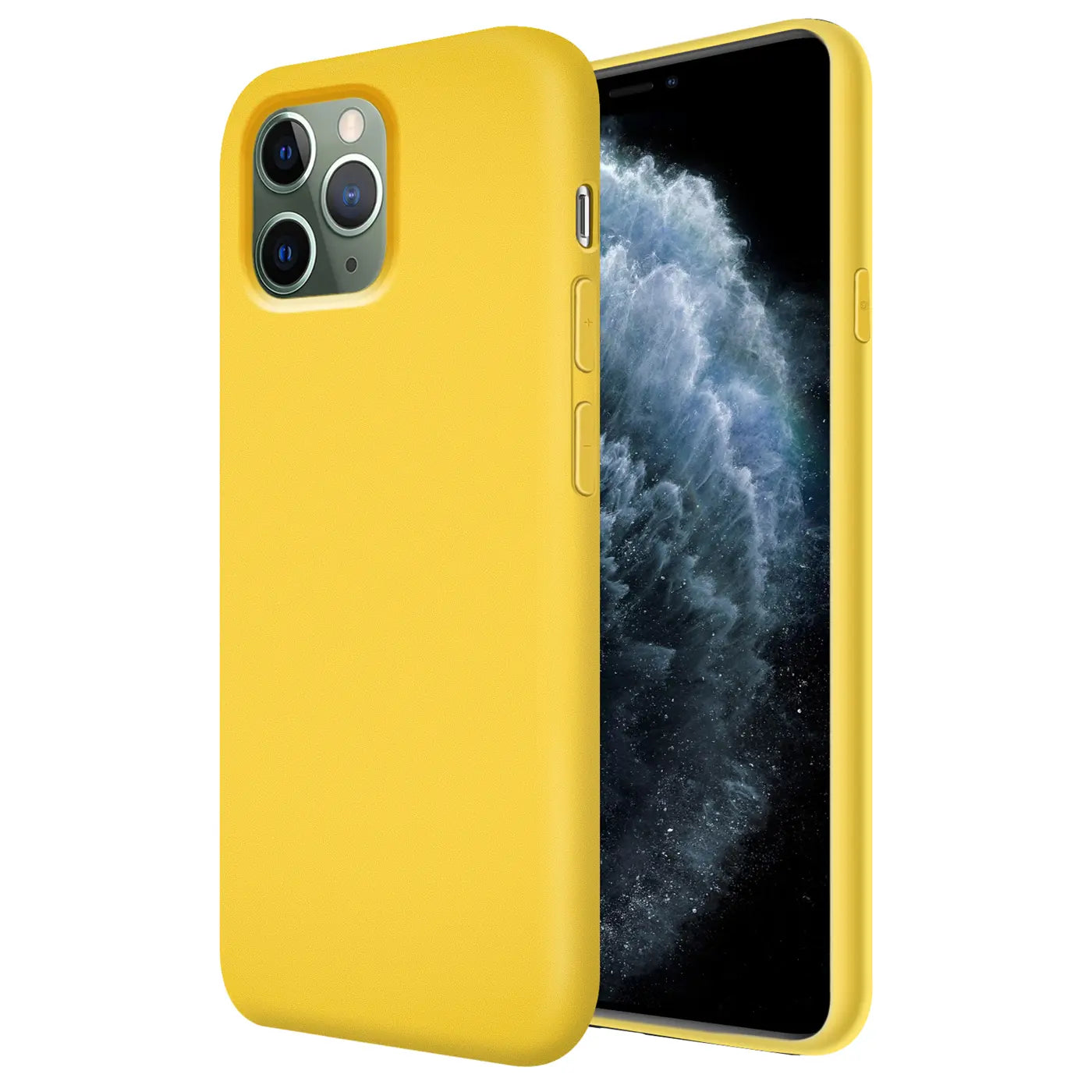 Gelbe Silikonhülle mit Mikrofaserfutter für iPhone 11 Pro Max, Seitenansicht.