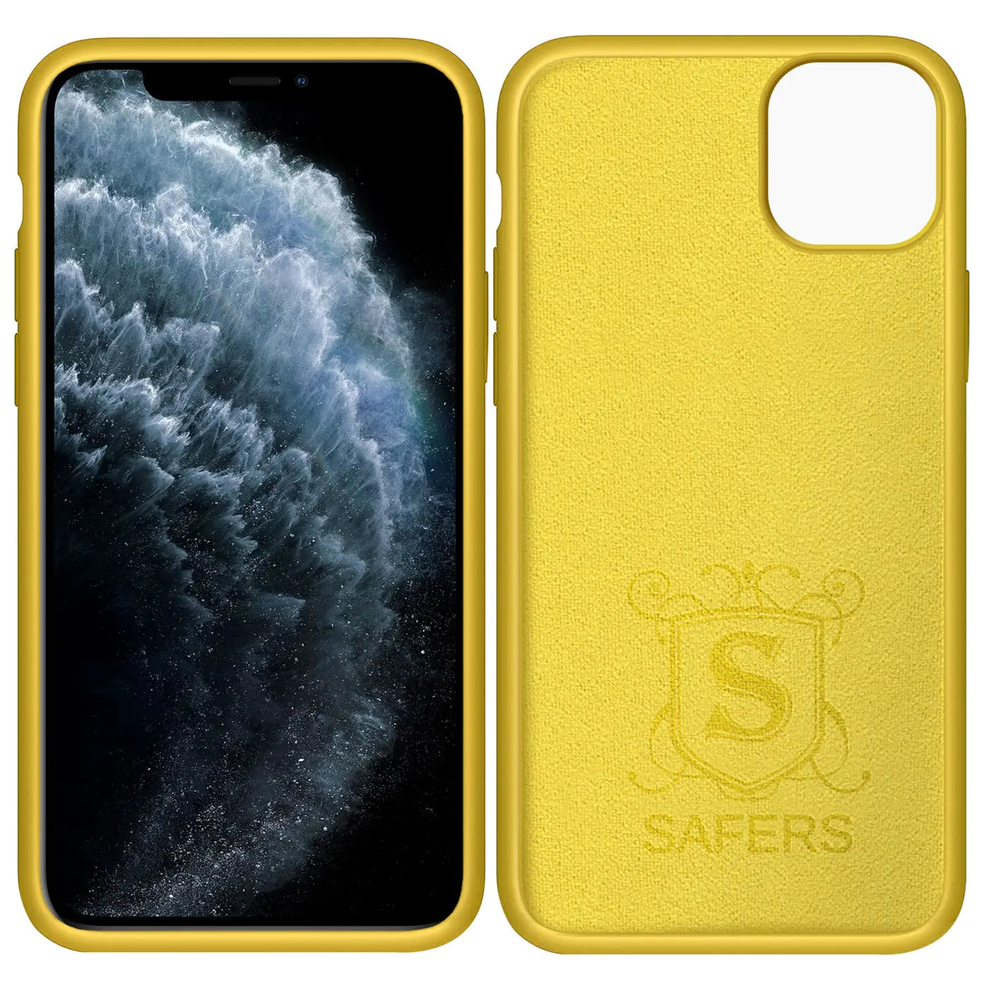 Gelbe Silikonhülle für iPhone 11 Pro Max, Vorder- und Rückansicht, Mikrofaser innen.