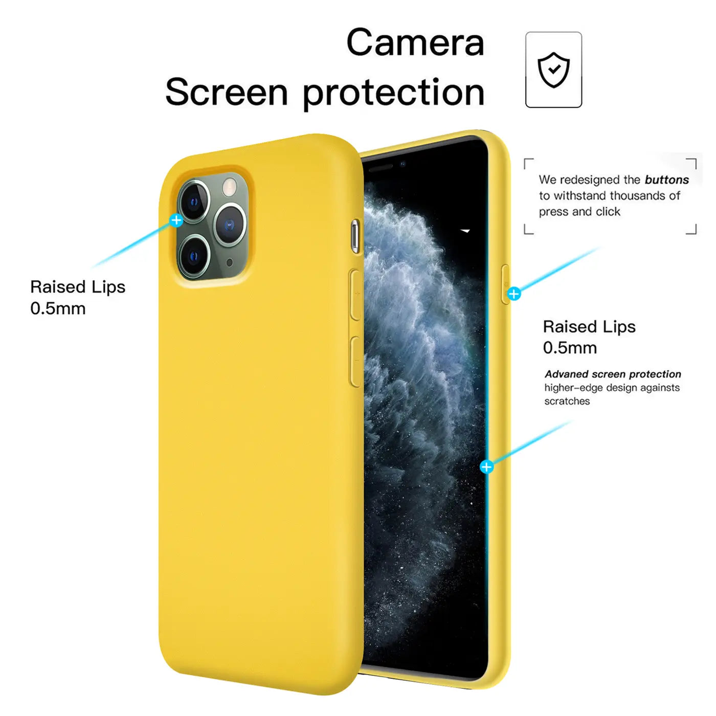 Gelbe Silikonhülle für iPhone 11 Pro Max, von schräg hinten gezeigt, mit hervorgehobenen Kanten.