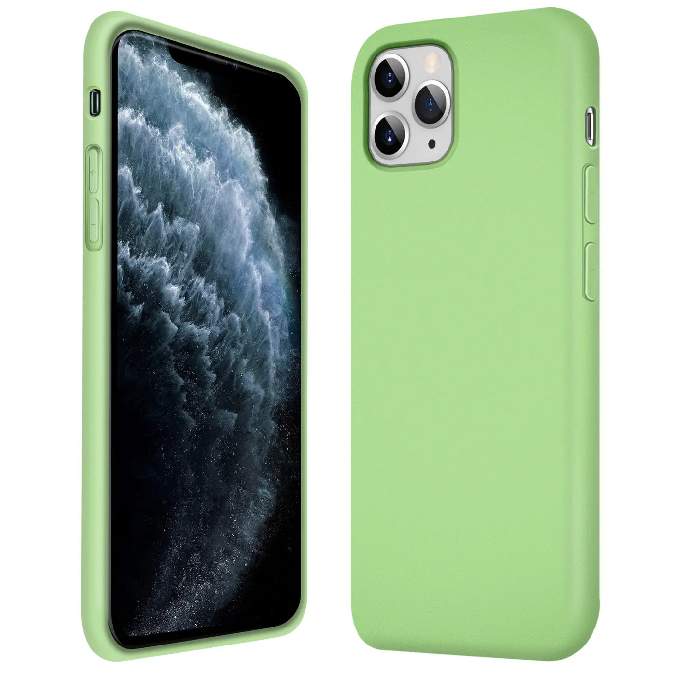Grüne Silikonhülle für iPhone 11 Pro Max, Vorder- und Rückansicht