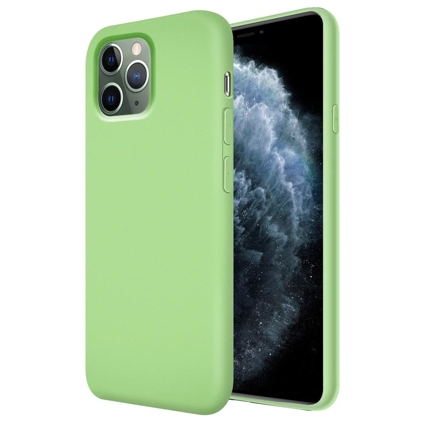 Grüne Silikonhülle für iPhone 11 Pro Max, von schräg vorne, mit Mikrofaser-Innenfutter.