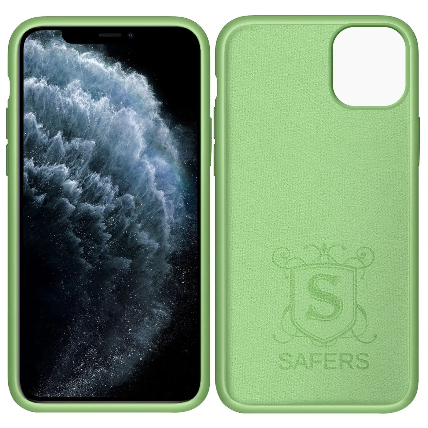 Grüne Silikonhülle für iPhone 11 Pro Max, Rückseite mit Logo, Vorderseite zeigt Display.
