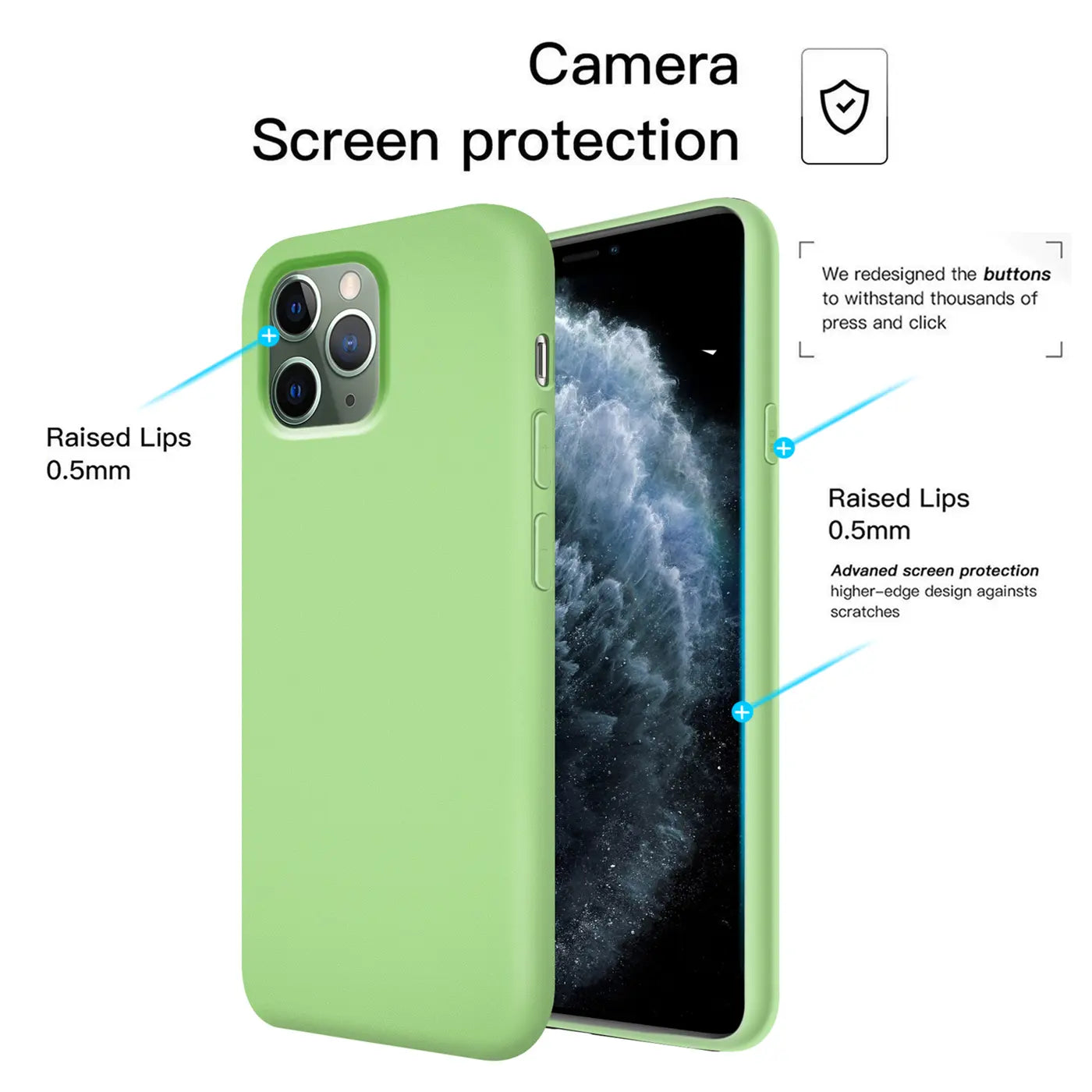 Grüne Silikonhülle auf iPhone 11 Pro Max, Rückansicht, Nahaufnahme.