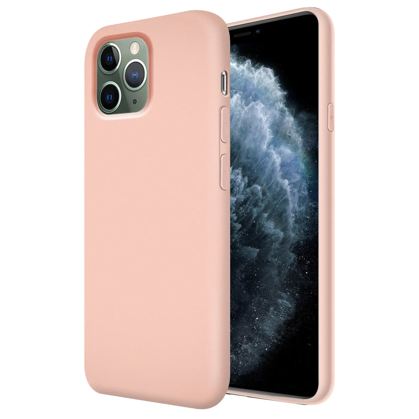 Rosa Silikonhülle für iPhone 11 Pro Max, von vorne links, mit Mikrofaser-Innenfutter.