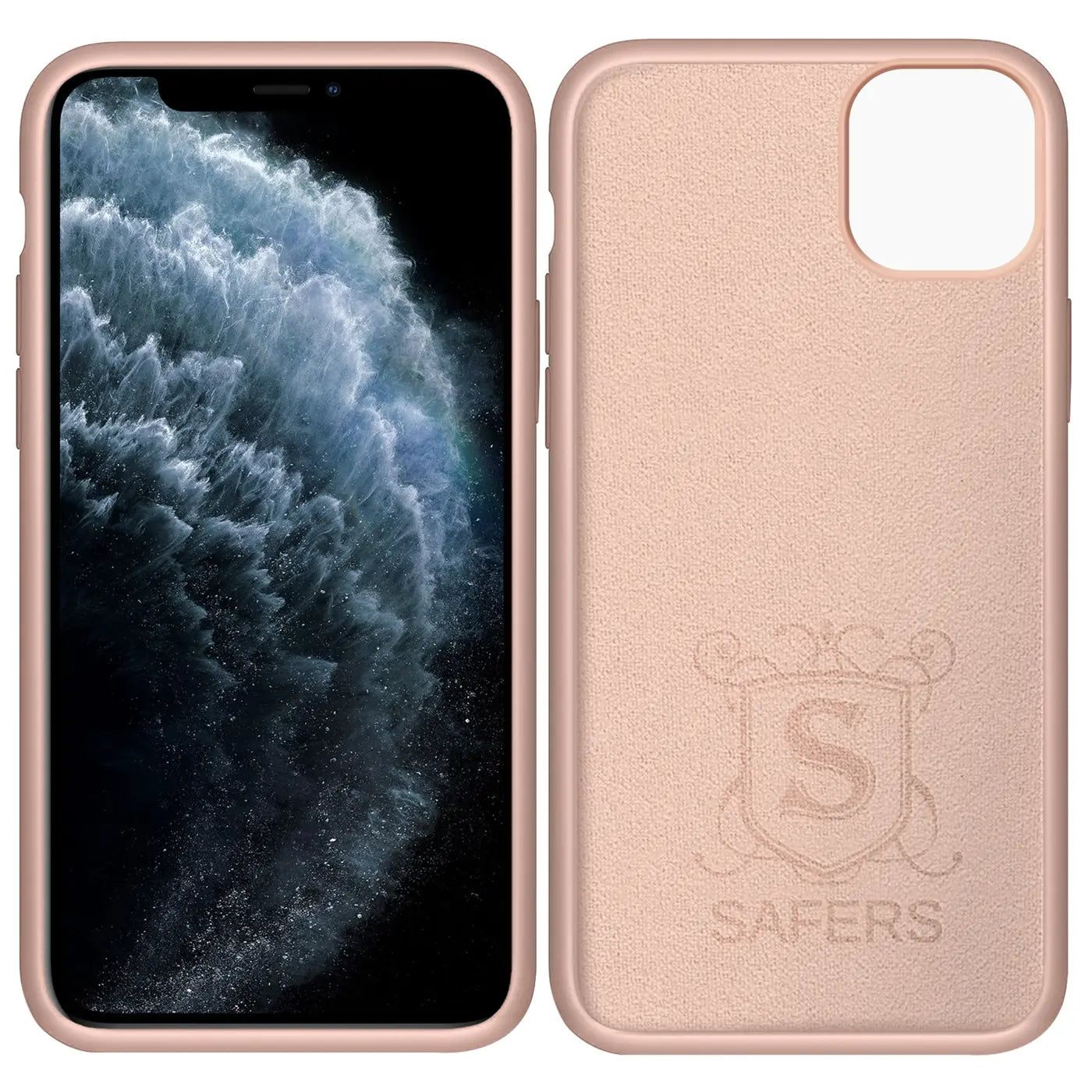 Rosa Silikonhülle, Mikrofaser innen, für iPhone 11 Pro Max, Vorder- und Rückansicht