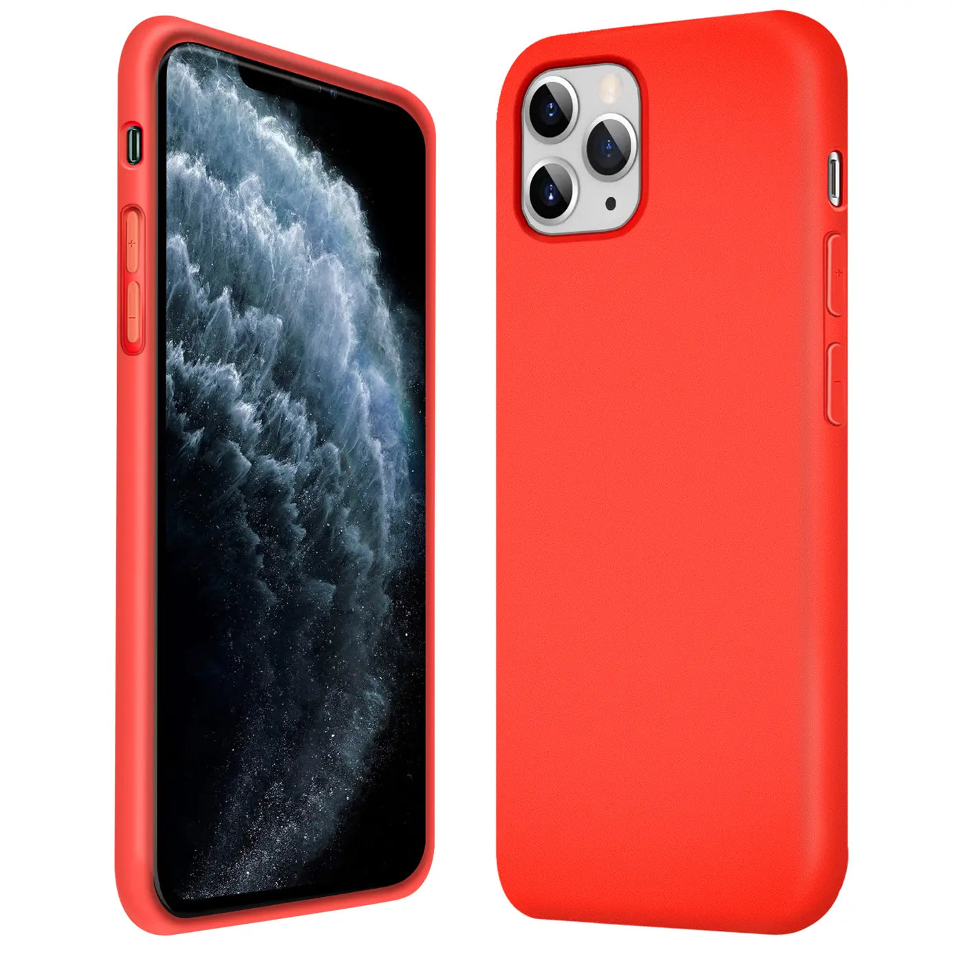 Rote Silikonhülle für iPhone 11 Pro Max, von vorne und hinten gezeigt.