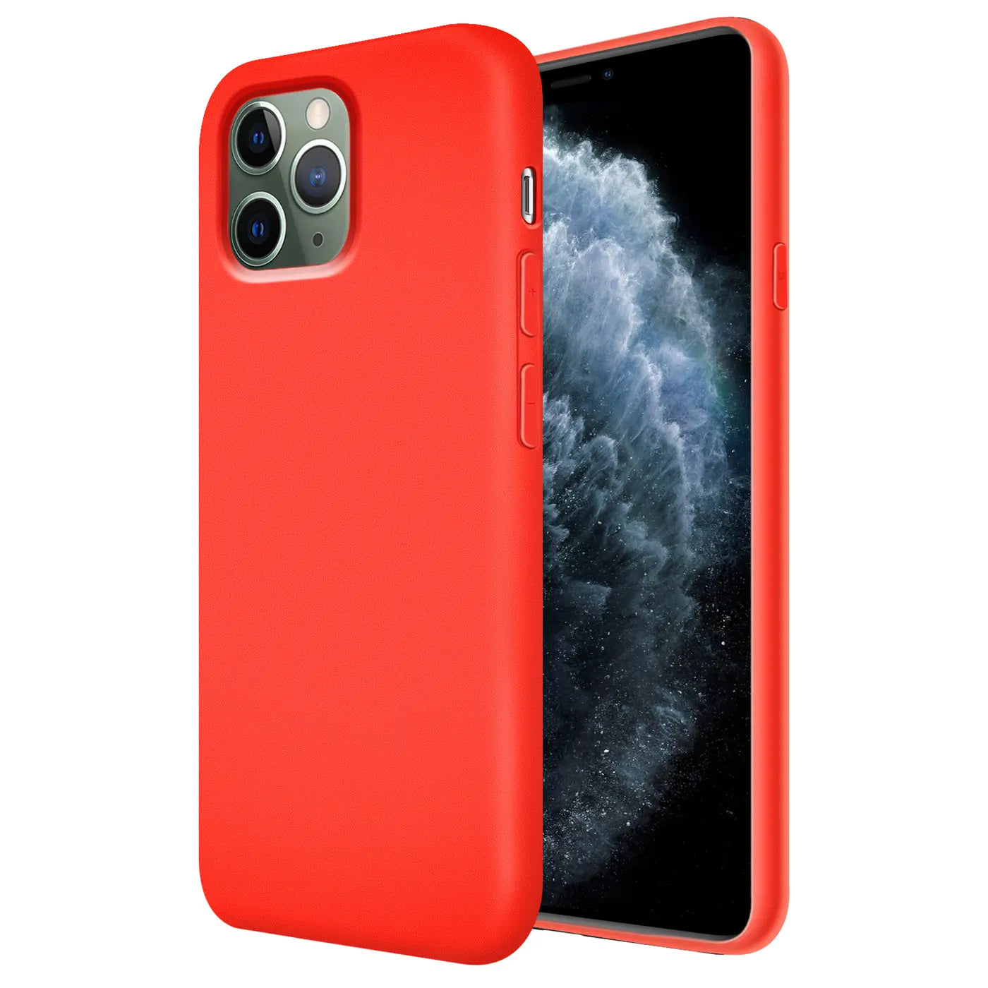 Rote Silikonhülle für iPhone 11 Pro Max, von vorne links, mit Mikrofaser-Innenfutter.