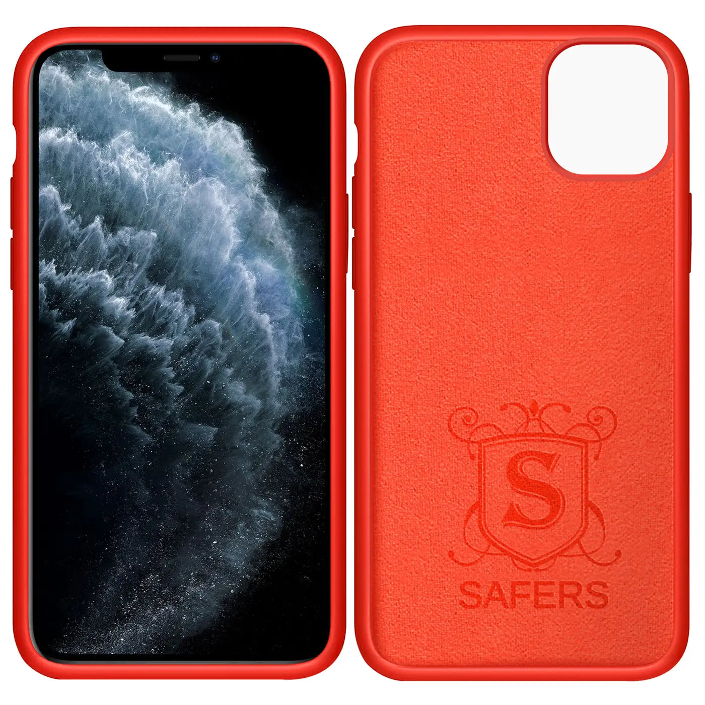Rote Silikonhülle für iPhone 11 Pro Max, Vorder- und Rückansicht.