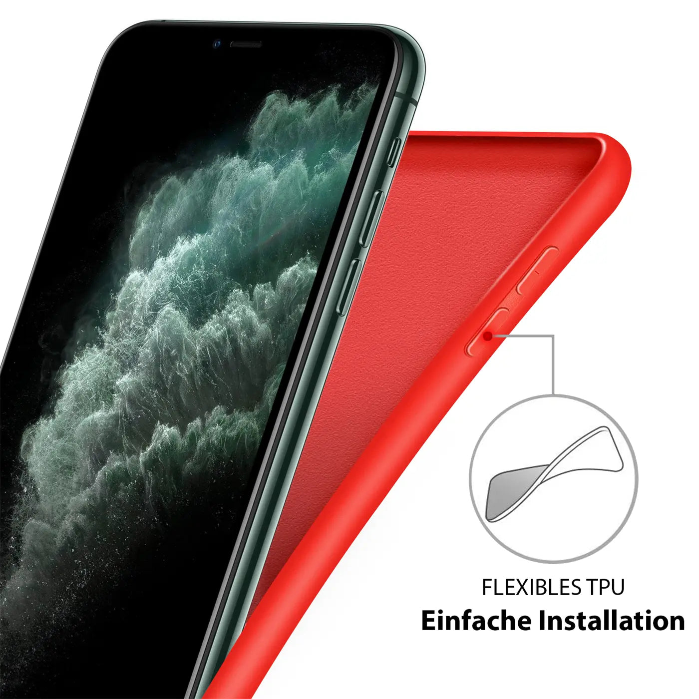 Rote Silikonhülle neben iPhone 11 Pro Max, Seitenansicht. Mikrofaser innen.