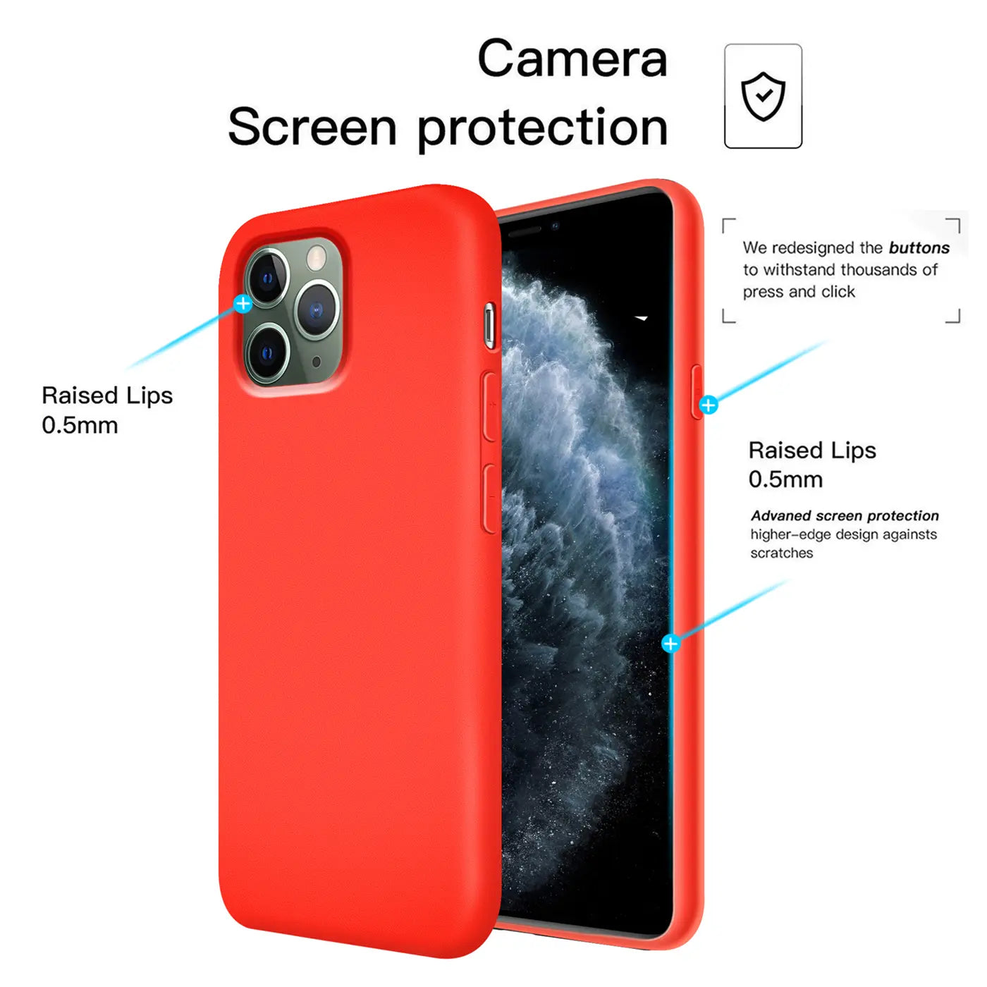 Rote Silikonhülle für iPhone 11 Pro Max, von vorne links, mit Kameraaussparung.