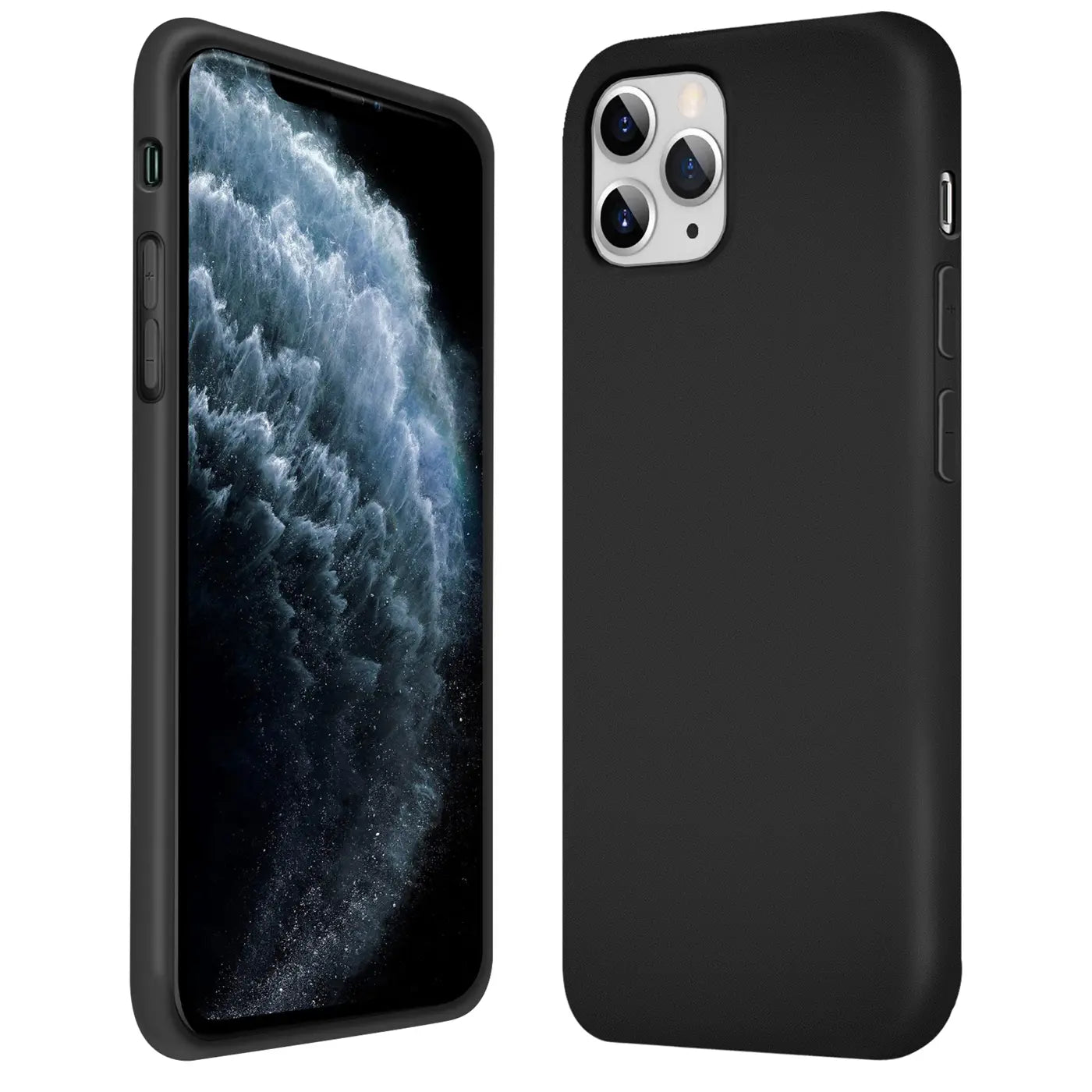 Schwarze Silikonhülle für iPhone 11 Pro Max, von vorne und von hinten gezeigt.
