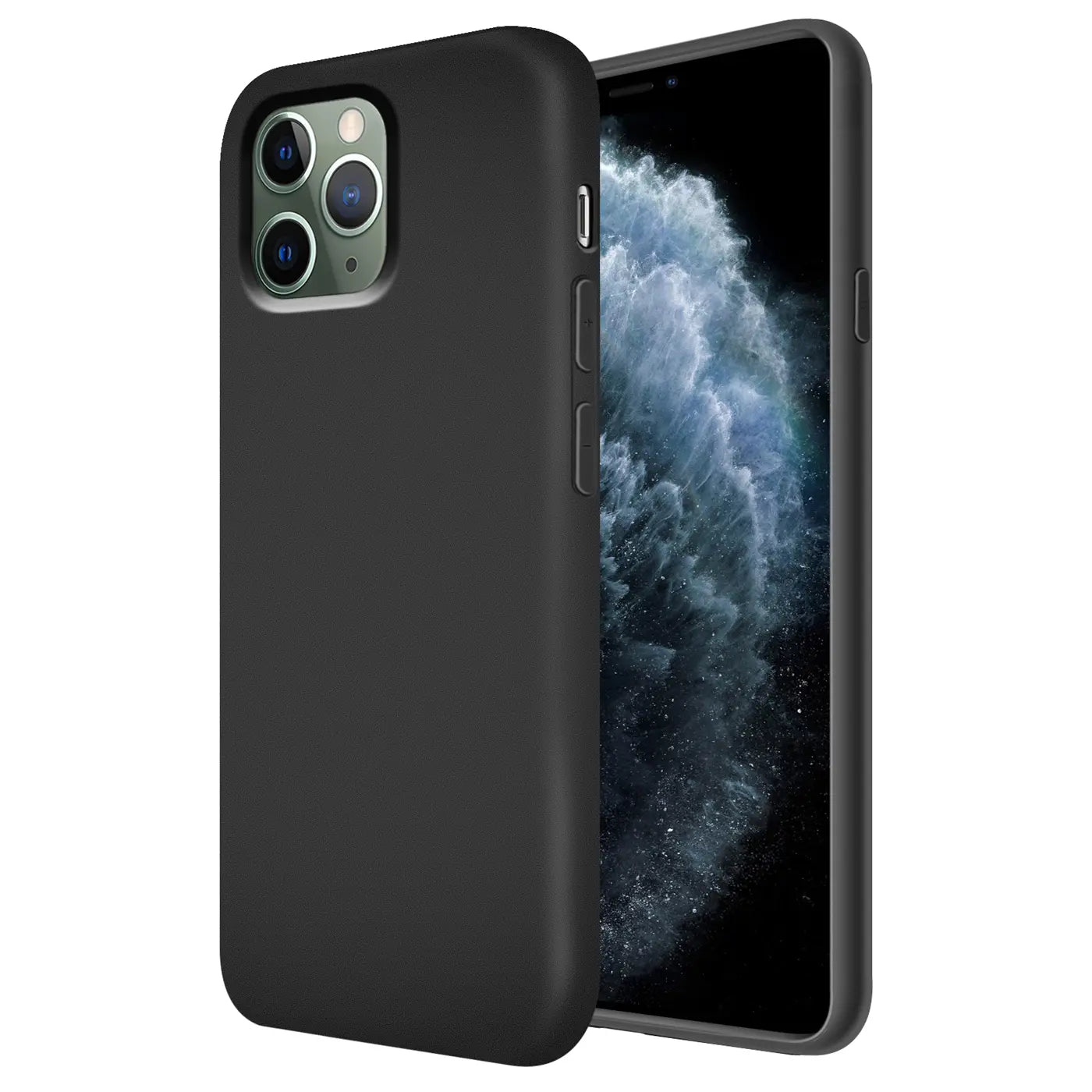 Schwarze Silikonhülle mit Mikrofaser-Innenfutter, seitliche Ansicht, zeigt iPhone 11 Pro Max.
