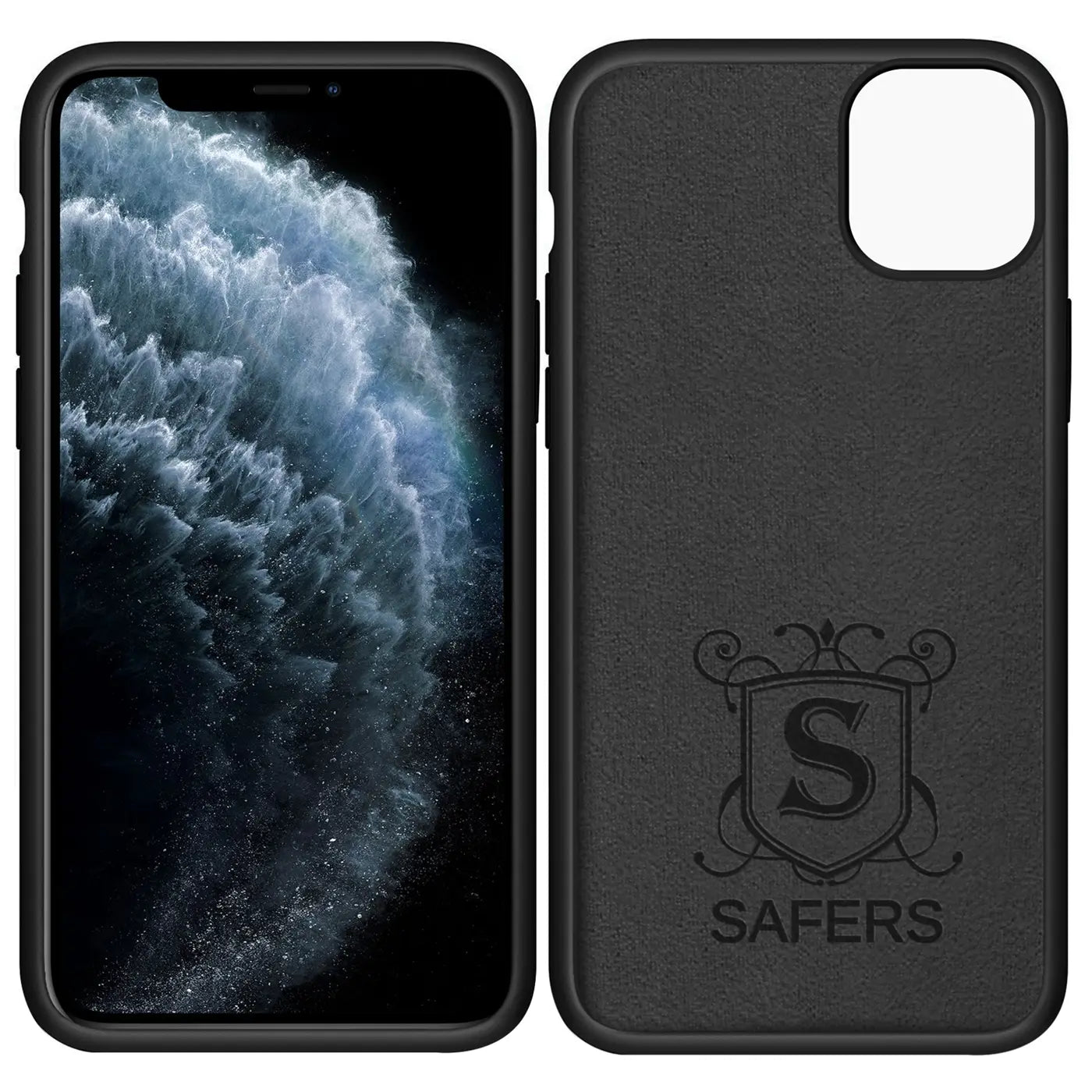 Schwarze Silikonhülle für iPhone 11 Pro Max, Rückseite mit Logo, Vorderseite mit Display.