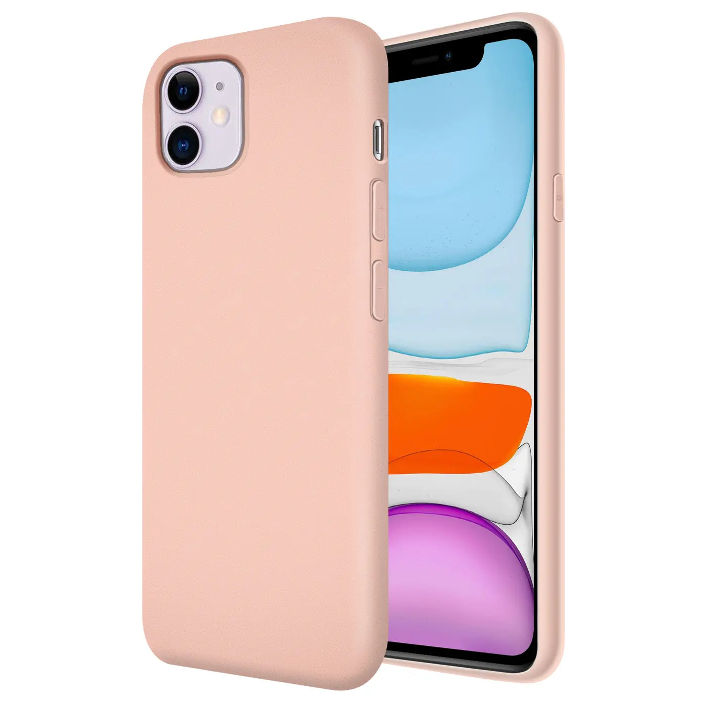 Rosa Silikonhülle für iPhone 11, von vorne links, mit Mikrofaser-Innenfutter.