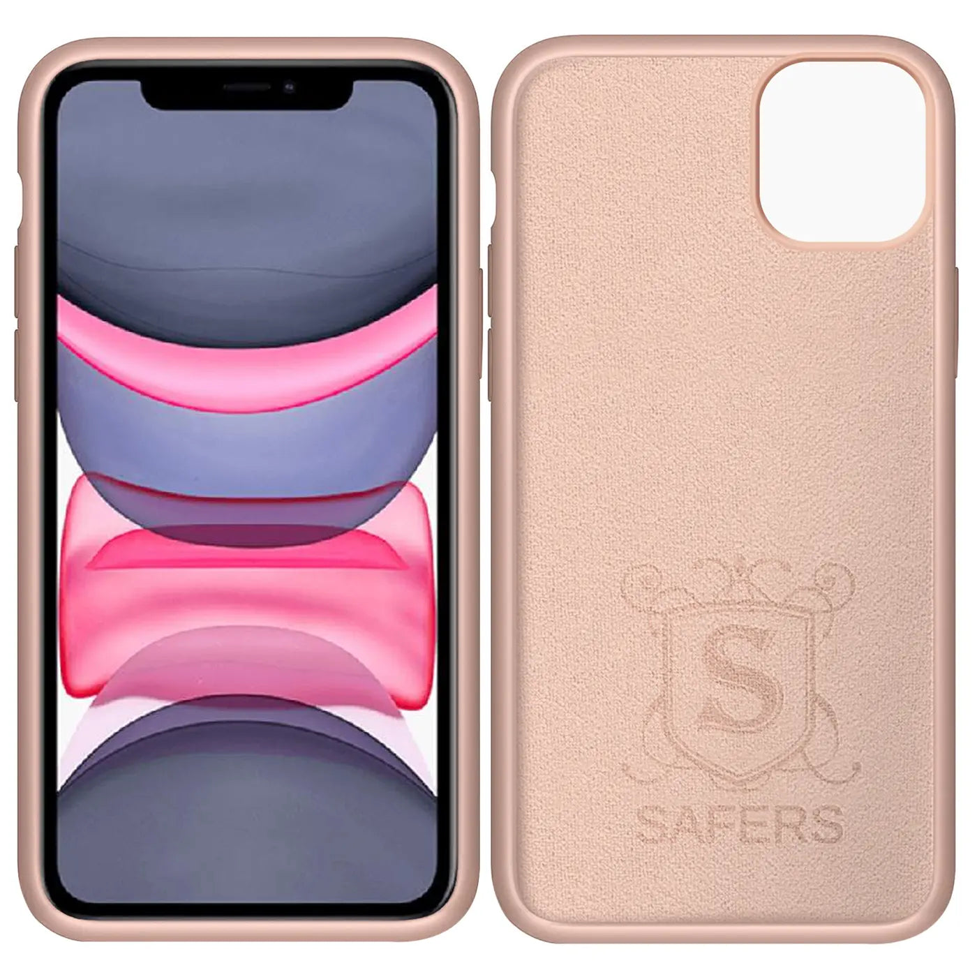 Rosa Silikonhülle für iPhone 11, Vorder- und Rückansicht, Mikrofaser-Innenfutter.