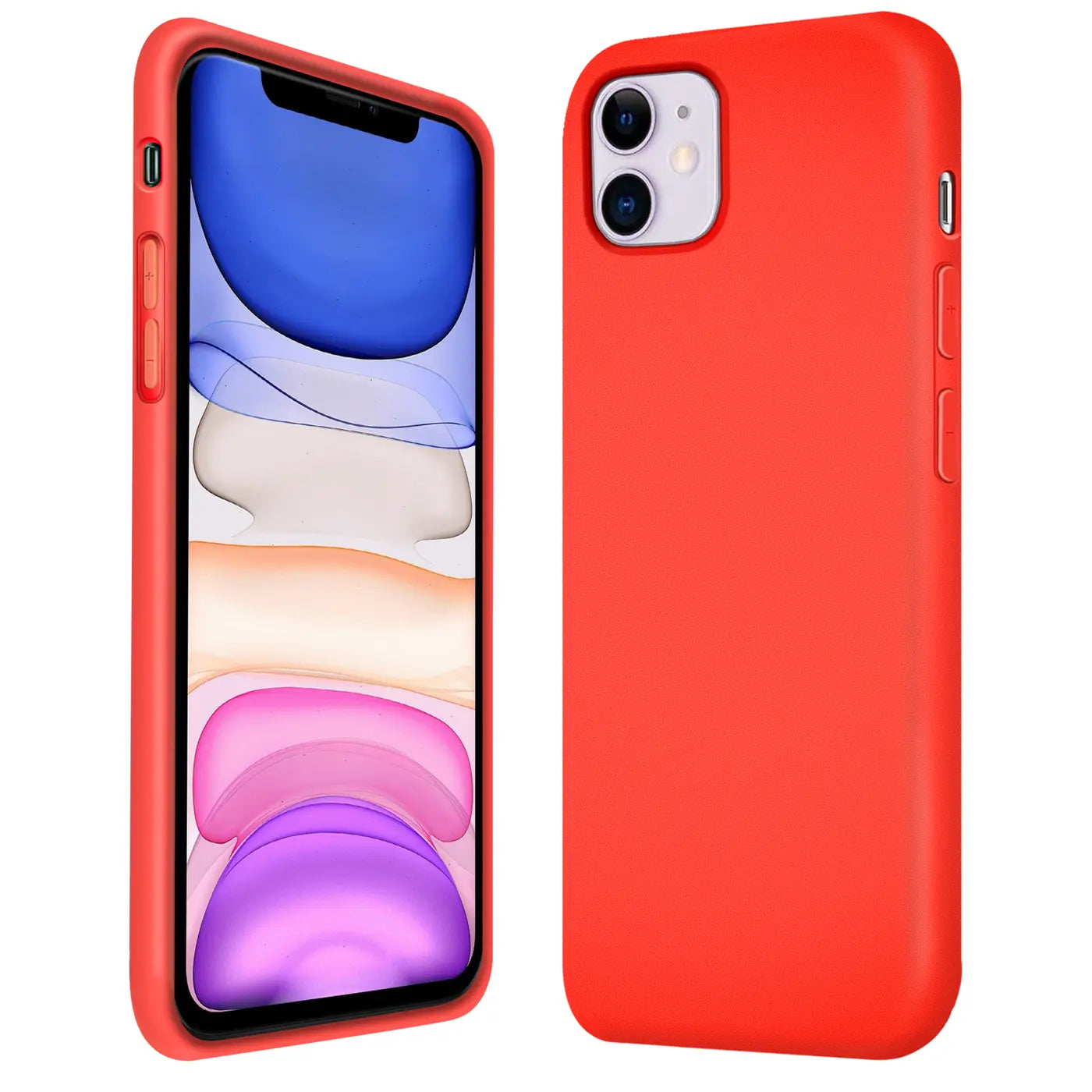 Rote Silikonhülle für iPhone 11, von vorne und hinten gezeigt, aus Silikon.