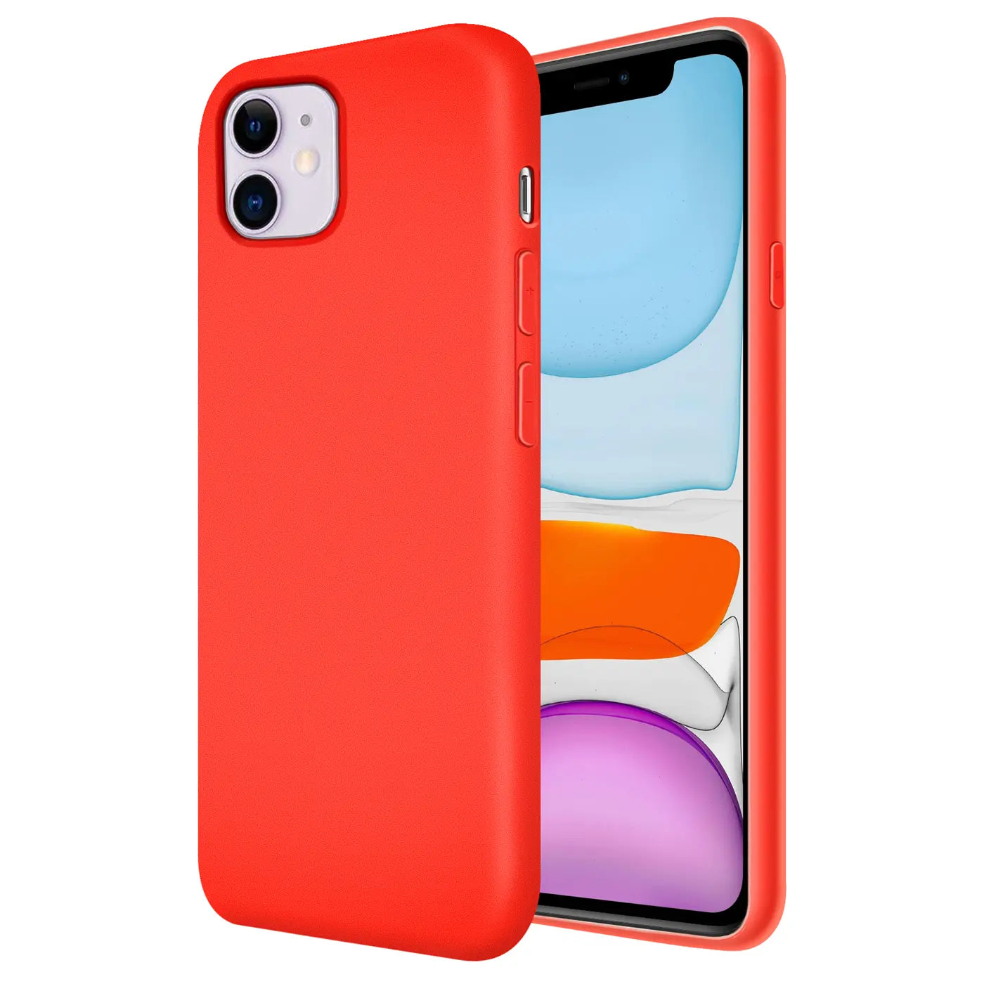 Rote Silikonhülle für iPhone 11, von vorne links, mit Mikrofaser-Innenfutter.