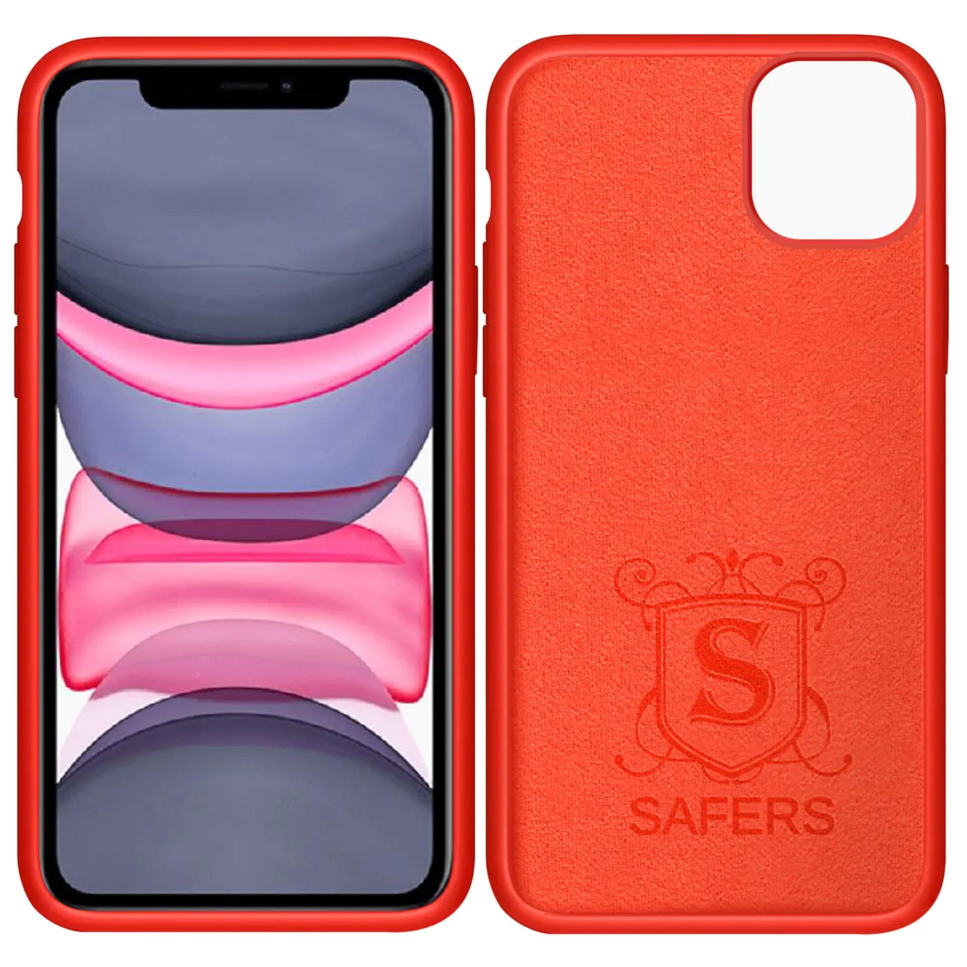 Rote Silikonhülle für iPhone 11, Vorder- und Rückansicht. Mikrofaser innen.