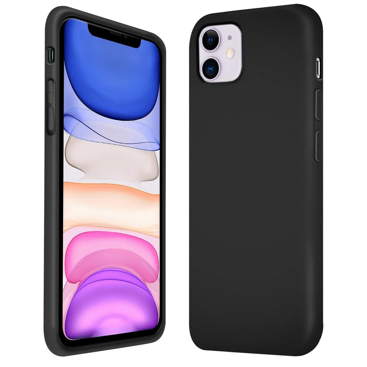Schwarze Silikonhülle für iPhone 11, Vorder- und Rückansicht, Mikrofaser-Innenfutter
