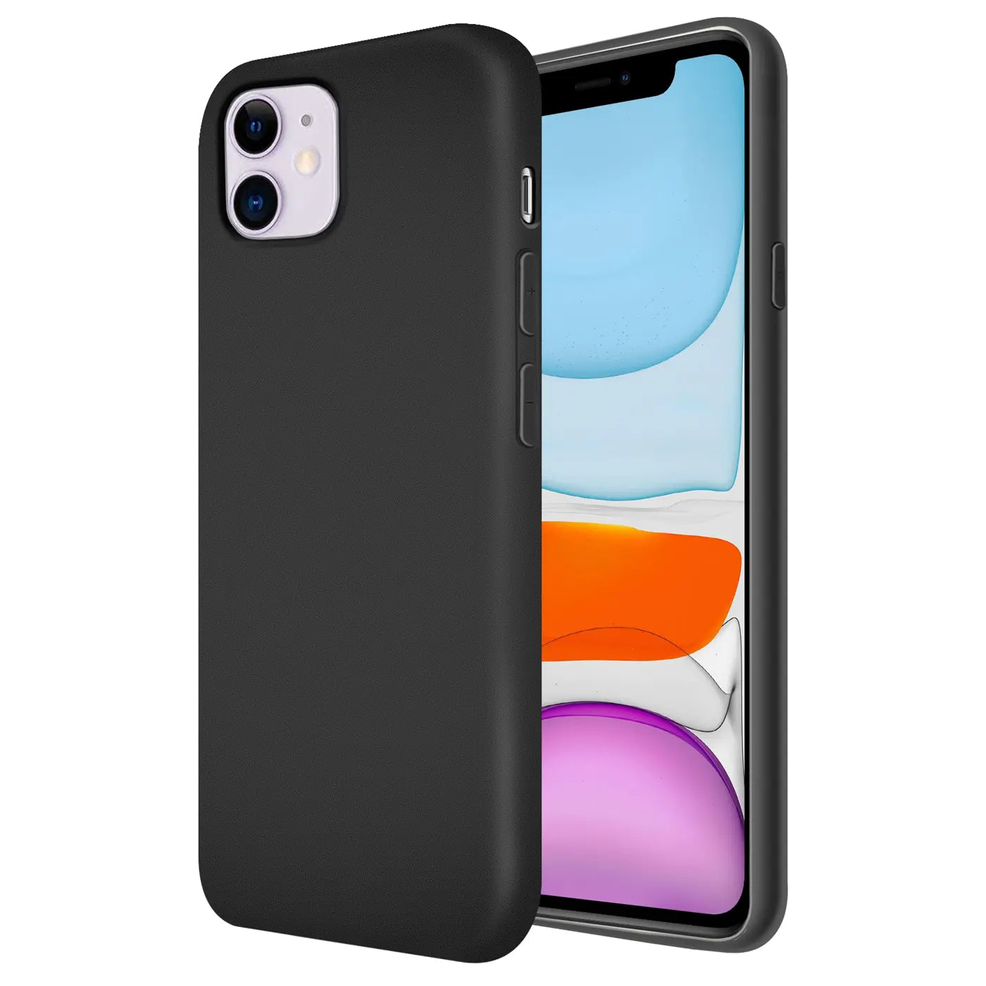 Schwarze Silikonhülle für iPhone 11, von vorne links, mit Mikrofaser-Innenseite.