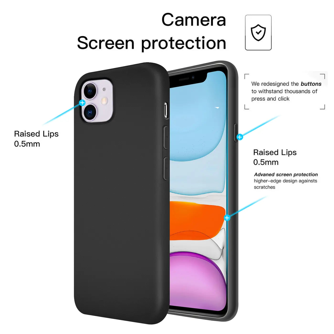 Schwarze Silikonhülle für iPhone 11, von vorne/seitlich, mit Mikrofaser-Innenfutter.