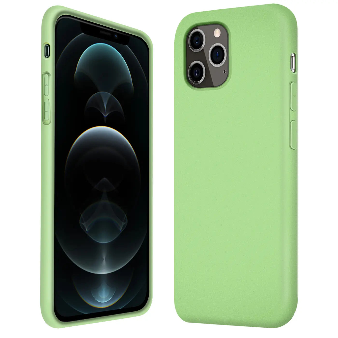 Grüne Silikonhülle für iPhone 12 Pro, von vorne und hinten gezeigt.