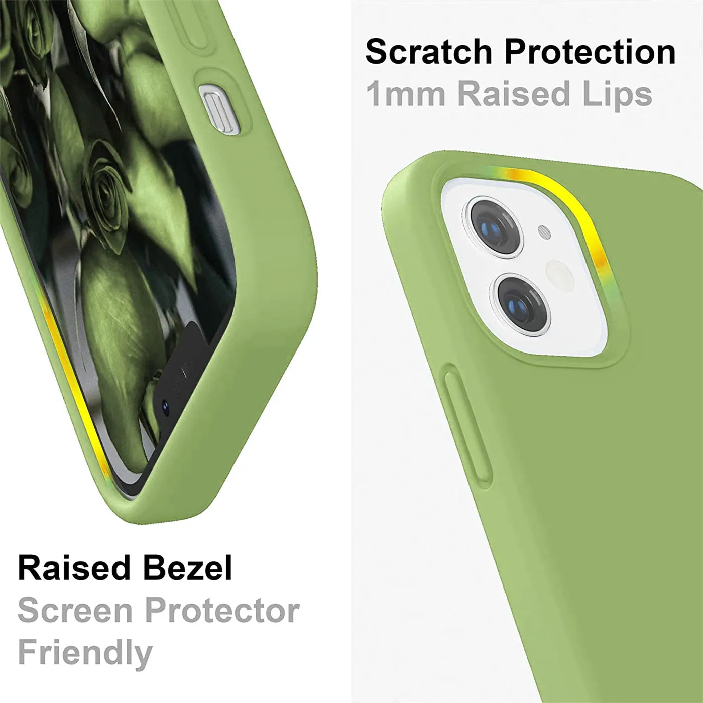 Grüne Silikonhülle für iPhone 12/12 Pro, Nahaufnahme, Rückseite und Seite
